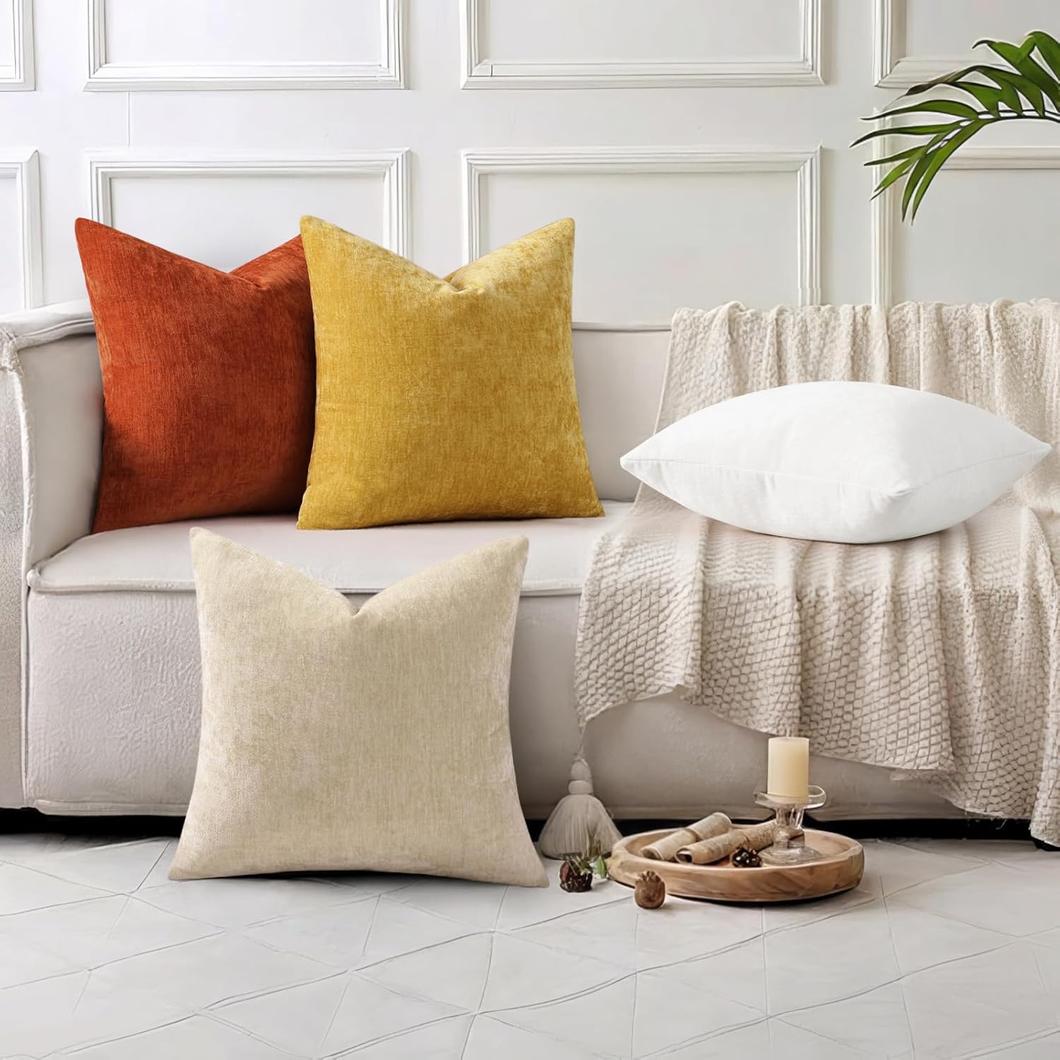 decorUhome Chenille Beige Throw Pillow Covers 22x22 Inch Set of 2, Decorative Soft Couch Pillow Covers Solid Dyed Accent Farmhouse Neutral…