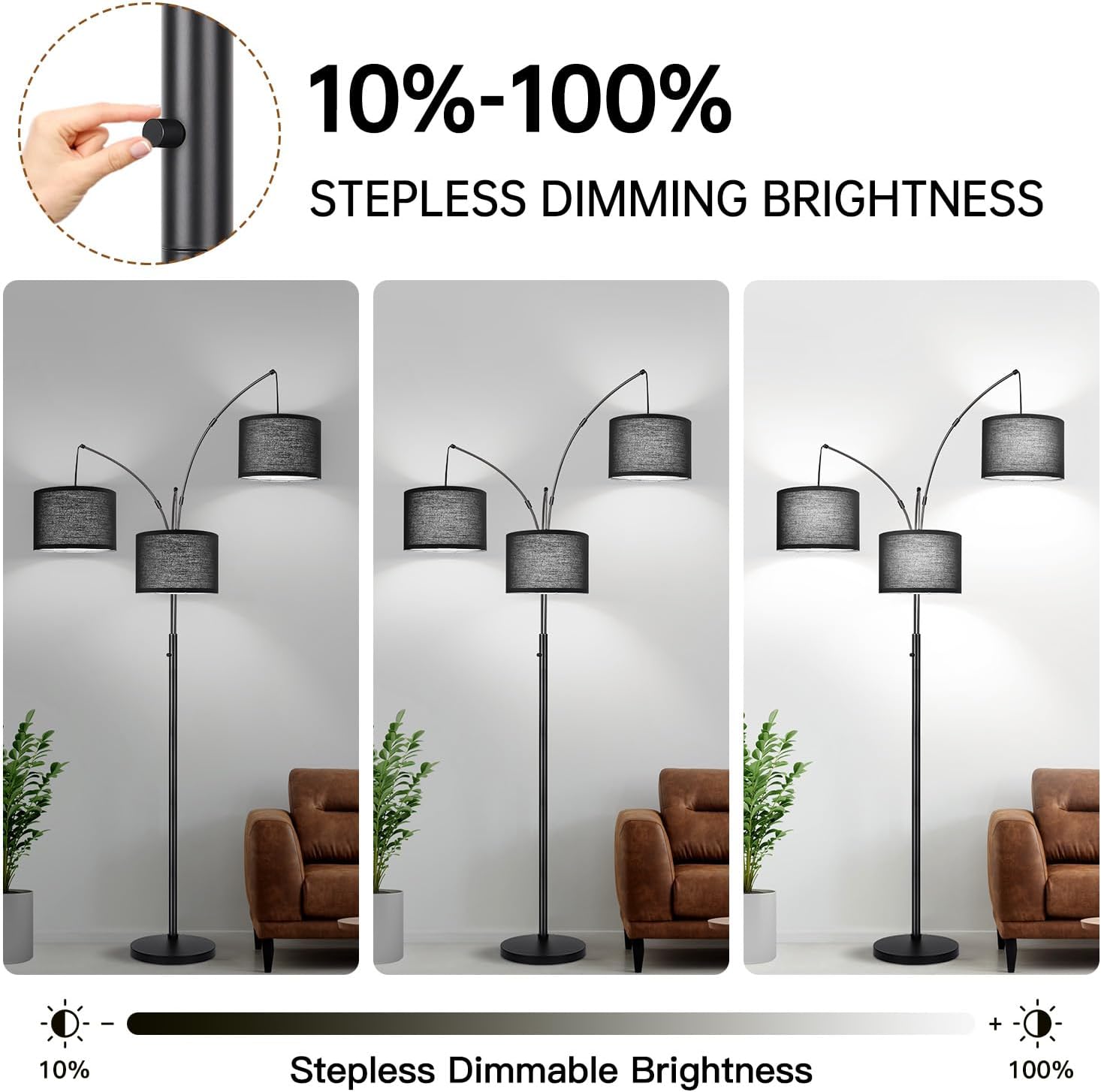 Dimmable Floor Lamp, 3 Light Arc Floor Lamp, Modern Tall Standing Tree Lamp with Black Shades & Heavy Base, 3000LM Cool White LED Bulbs…