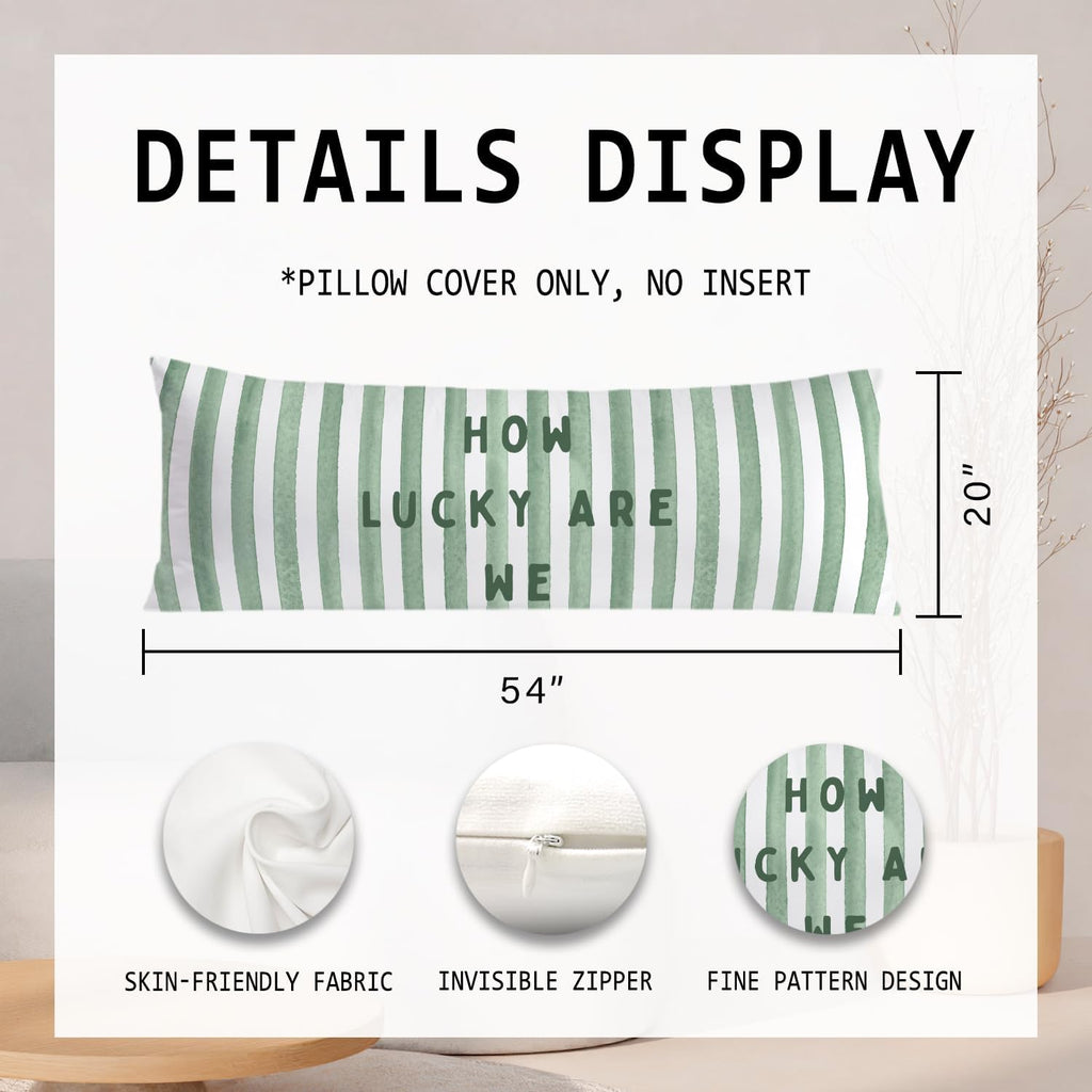 How Lucky are We Sage Green 20x54 Body Pillow Cover, Preppy Room Decor Aesthetic, Trendy Sage Green Stripes Minimalist Decorative Long…