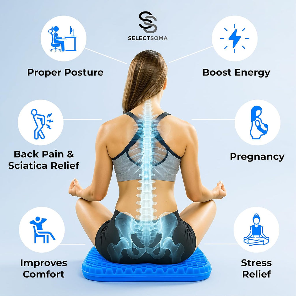 SelectSoma Super Large Gel Seat Cushion for Long Sitting - 18.5" x 17.5" - Breathable Cooling Design - Pressure Relief for Sciatica, Tailbo…