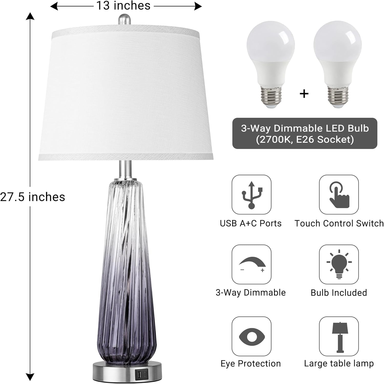 Glass Table Lamps Set of 2, Modern Bedside Lamps for Bedrooms with USB A+C Ports, 3-Way Dimmable Touch Control Nightstand Lamp with White…