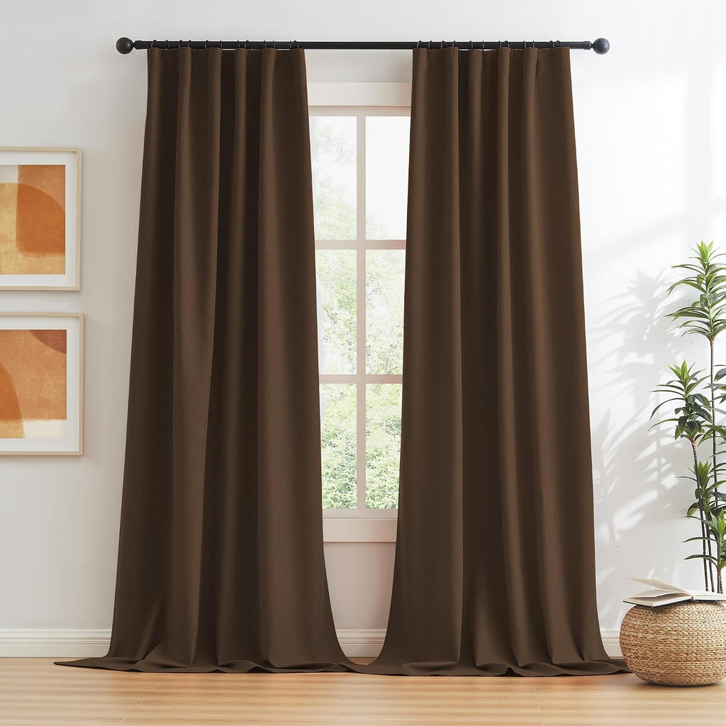 Keqiaosuocai Brown Linen Textured Blackout Curtains 120 Inches Long for Living Room, Light Blocking Canvas Look Curtain Drapes Chocolate Br…