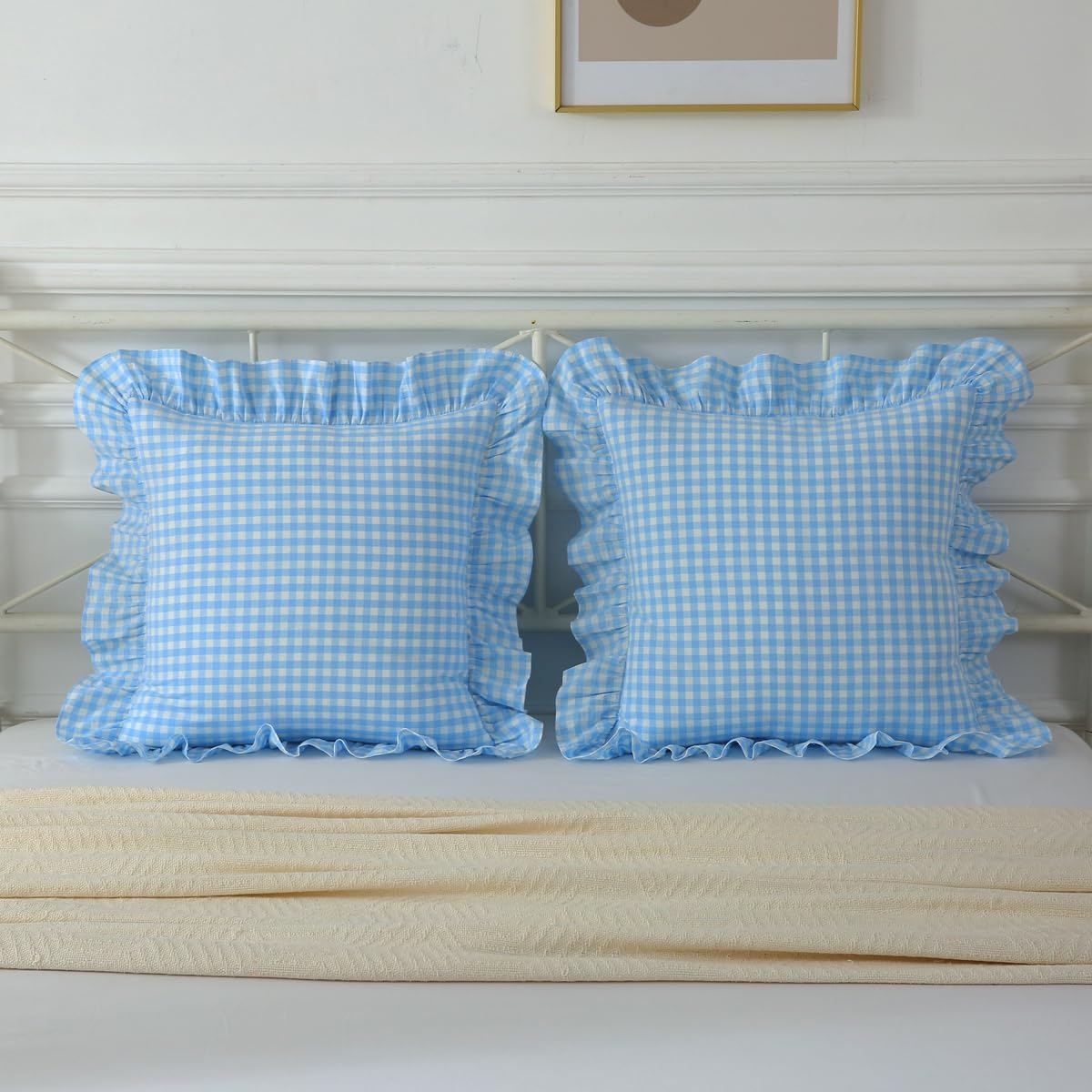 Mywinlle 2 Pack Vintage Sky Blue Plaid Ruffle Throw Pillow Covers, Washed Cotton Checkered Gingham Pillow Covers 20"x20" for Sofa, Couch, Bed…