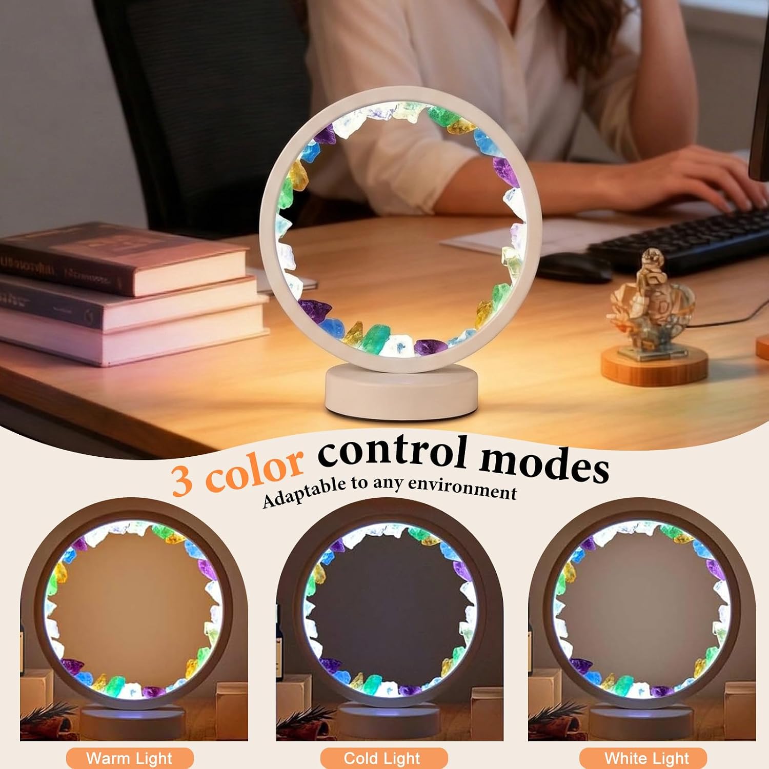 Runyansghi Chroma Gravel Night Lamp 8.6" Natural Healing Crystal Bedside Lamp USB Port 3 Colours Dimming Mode Bedroom Lamp Suitable Night…