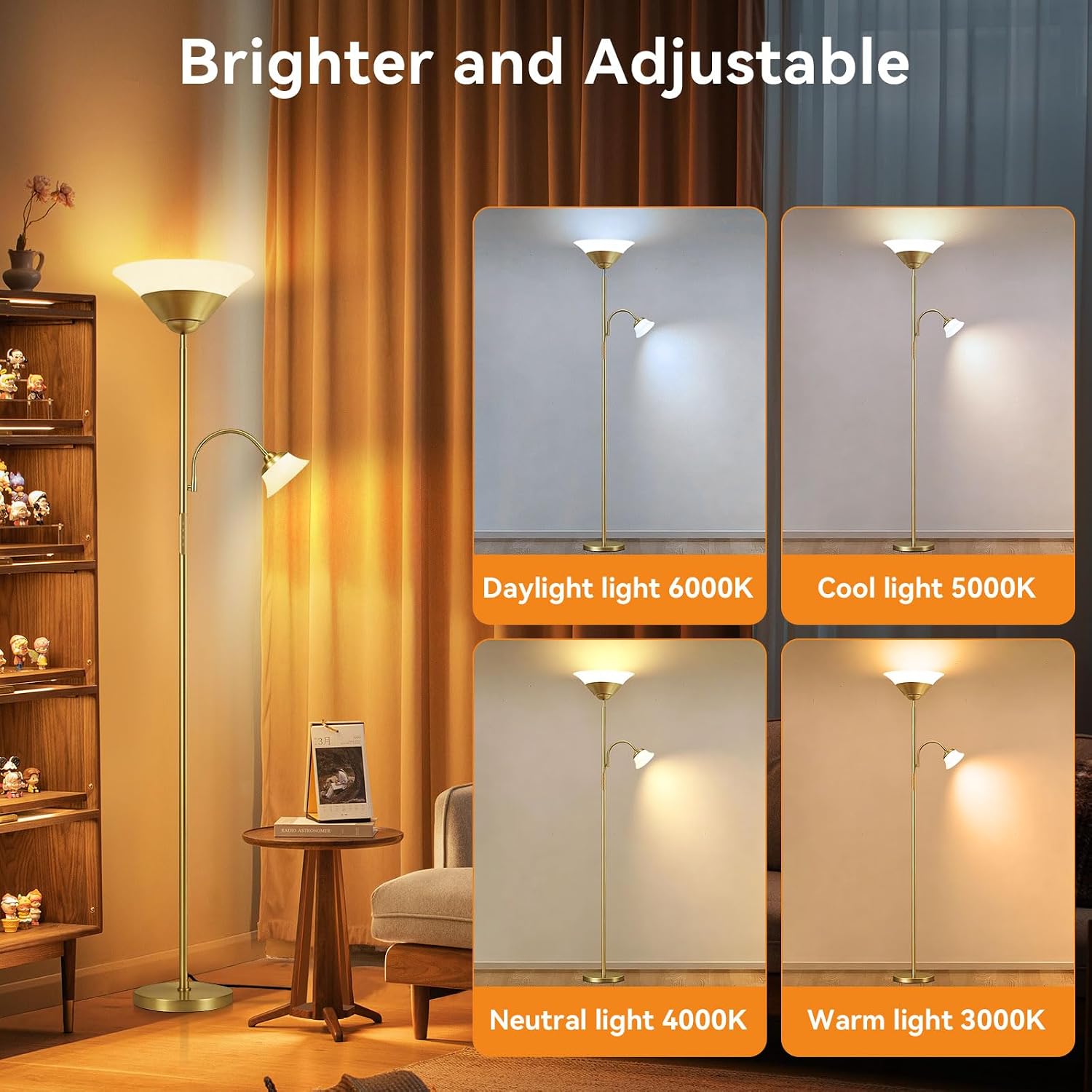 Sibrille 2-in-1 Torchiere Floor Lamp, 34W Super Bright LED Standing Lamp with Remote & Touch Control, 72" Dimmable Adjustable Corner Readin…
