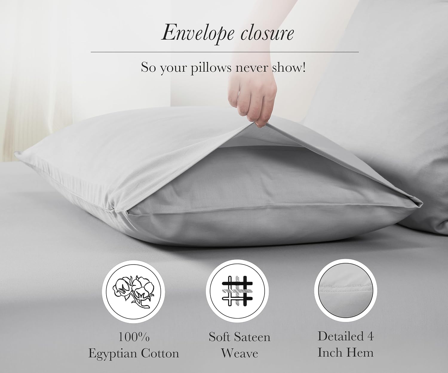 CaliforniaDesignDen King Size Pillowcase Egyptian Cotton Set of 2, Sateen Weave, Soft and Breathable Light Grey Pillow Cases Set of 2 to fi…