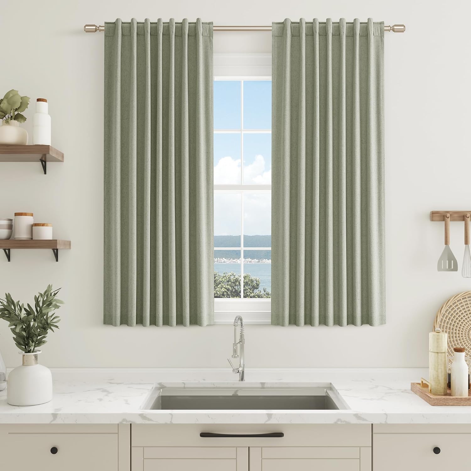 Guken Sage Green 100% Blackout Curtains 45 Inch Length 2 Panels Set for Living Room Bedroom Back Tab Thermal Insulated Black Out Linen Drap…