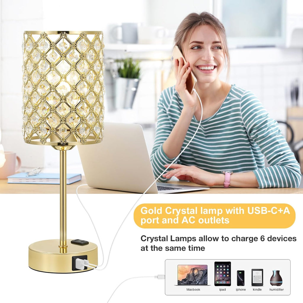 Touch Control Crystal Table Lamp-Dimmable Nightstand Lamp with USB-C+A & AC Charging Ports, 3-Way USB Gold Lamp, Bedside Desk Light for…