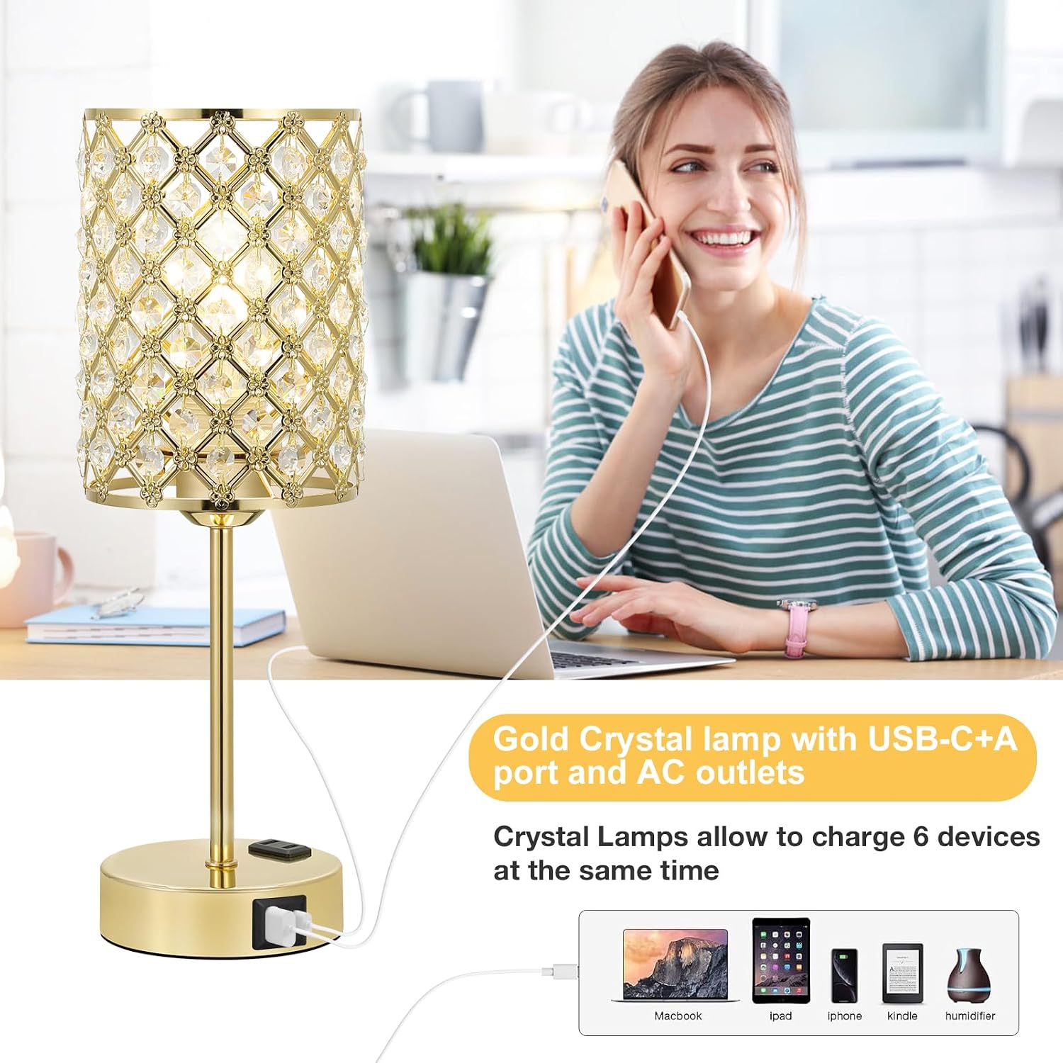 Touch Control Crystal Table Lamp-Dimmable Nightstand Lamp with USB-C+A & AC Charging Ports, 3-Way USB Gold Lamp, Bedside Desk Light for…