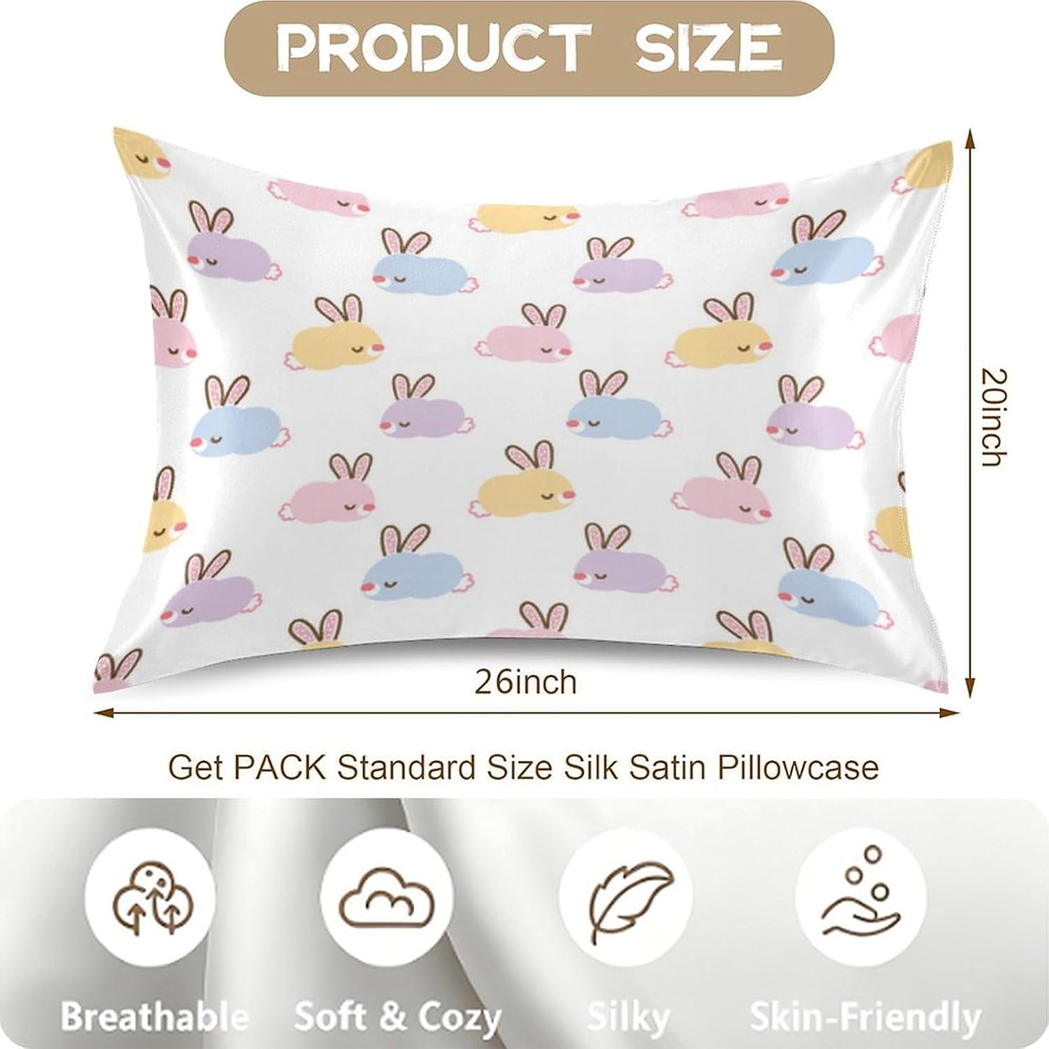 Cute Bunny Satin Pillowcase for Hair and Skin, Silk Pillow Case Soft and Cozy Body Pillow Covers Standard Size with Envelope Closure…