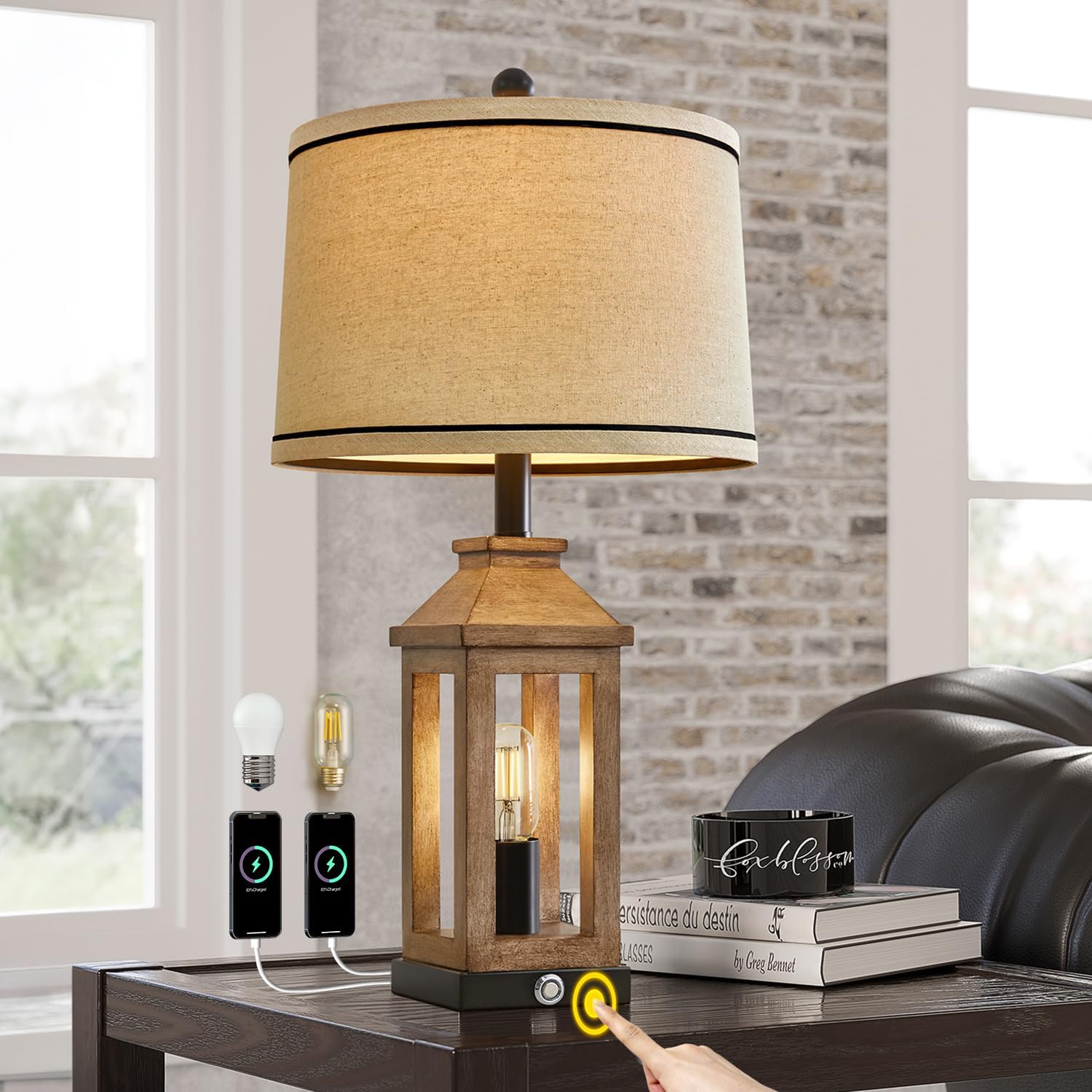 G-SAFAVA 23.75" Farmhouse Table Lamps USB A+C Charging Ports 3-Way Dimmable Touch Control Lamp Nightlight Vintage Modern Lamp for Living…