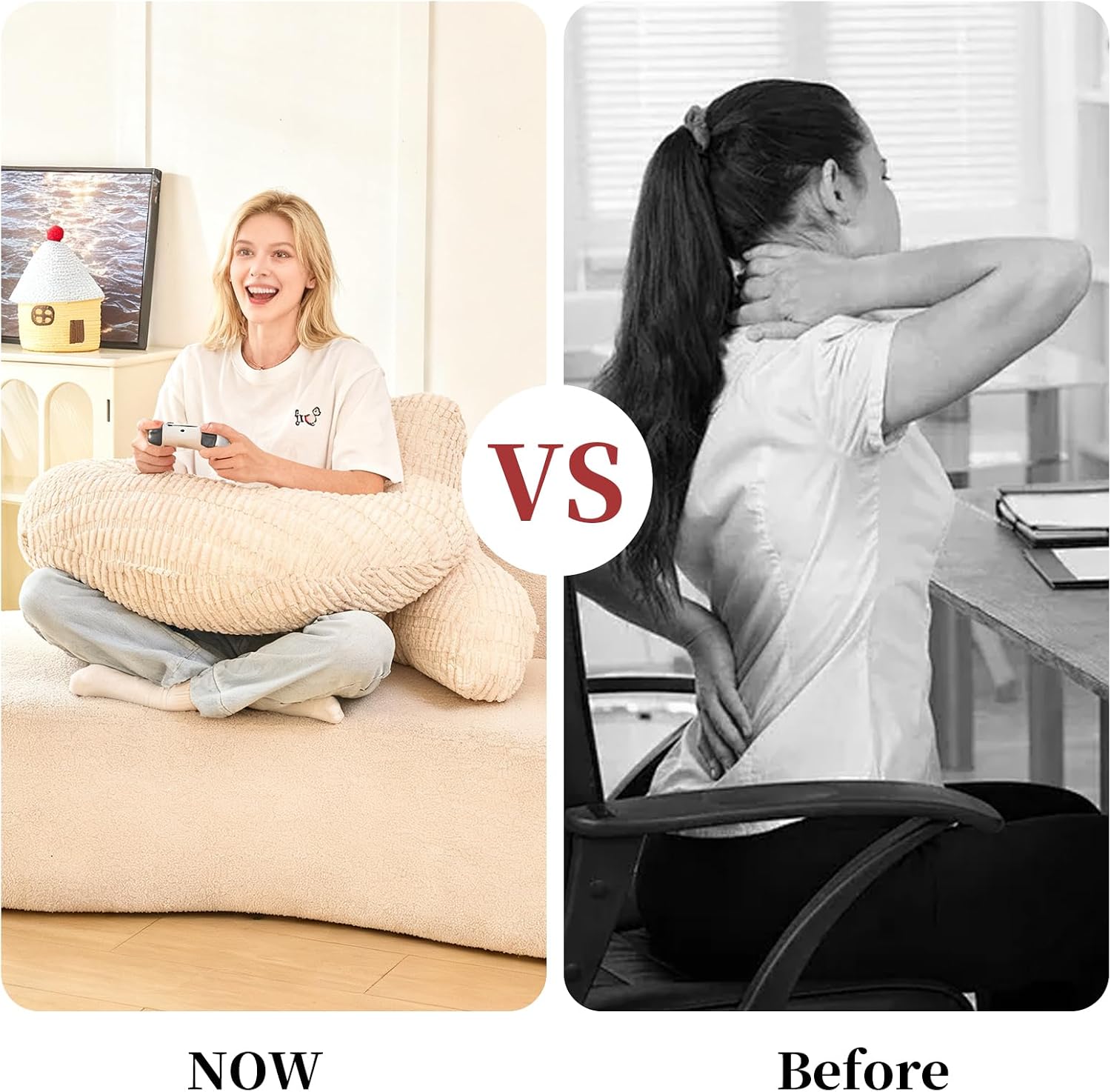 Pajeo Reading Pillow for Bed 17", Durable Striped Corduroy U Shaped Backrest with Arm Support, Ergonomic Gaming Cushion for Students, Small Be…