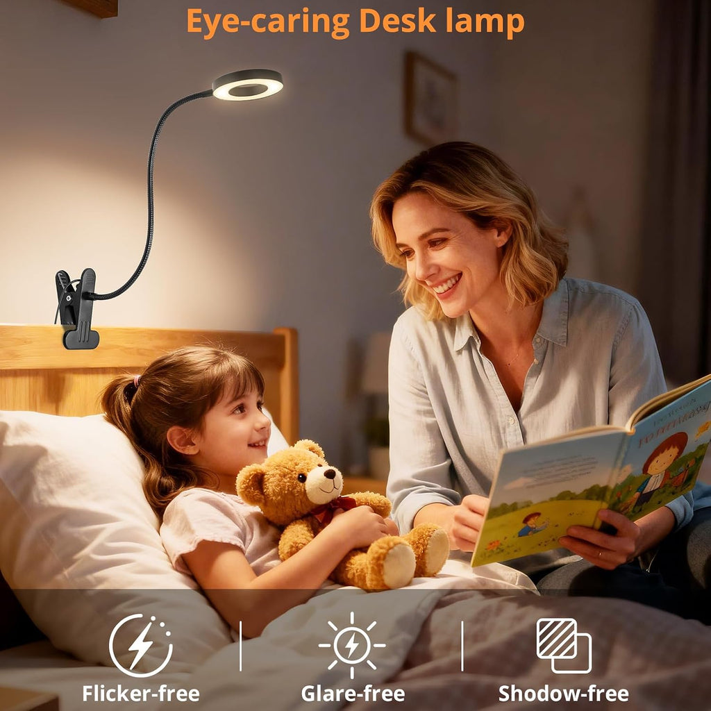 Woputne Desk Lamp Clip Light, 10 Dimmable Brightness 3 Light Modes Reading Light, Clamp Bedside Lamp for Painting, Craft, Study (Black)