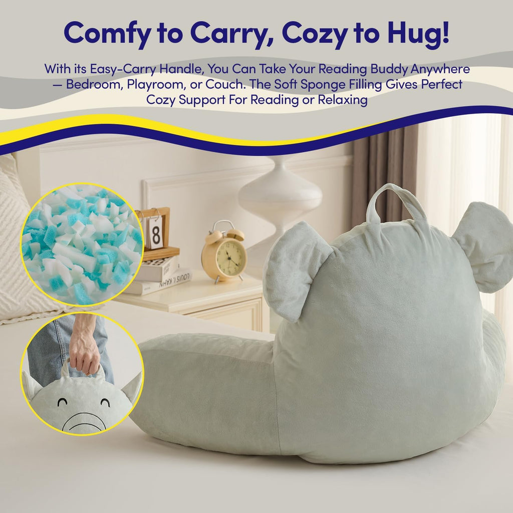 Elephant Reading Pillow for Kids & Teens with Shredded Memory Foam – Soft Velvet Lounger with Fun Character Designs, Removable Washable…