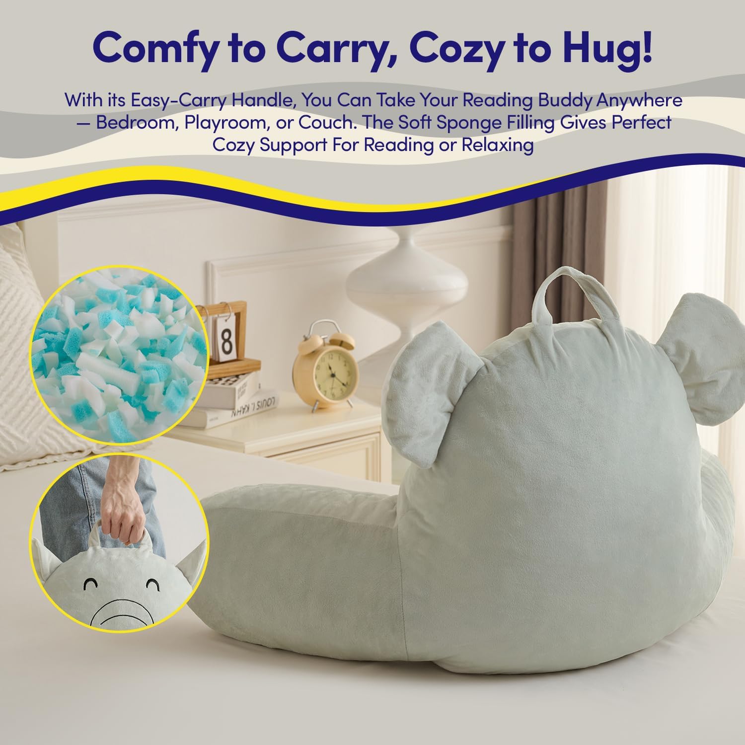 Elephant Reading Pillow for Kids & Teens with Shredded Memory Foam – Soft Velvet Lounger with Fun Character Designs, Removable Washable…
