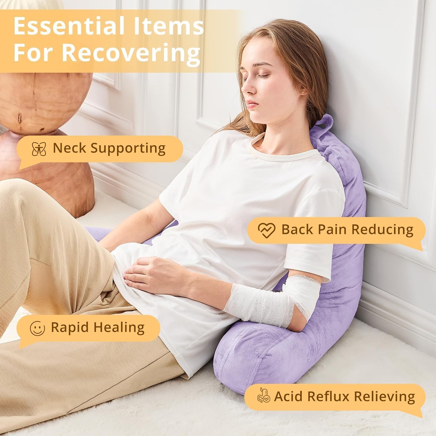 Sasttie Reading Pillow, Velvet Back Pillow for Bed Sitting Up, Adult Back-Rest Support Cushion with Arms for Sit Up on Couch, Sofa, and…