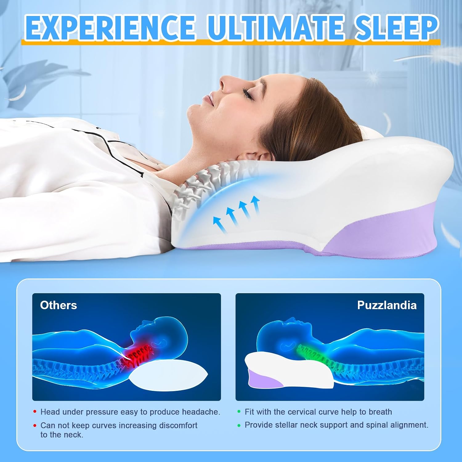 Puzzlandia Cervical Neck Pillows with Memory Foam - Ergonomic Neck Support Pillows for Contour Memory Foam - Adjustable Orthopedic Bed Pill…