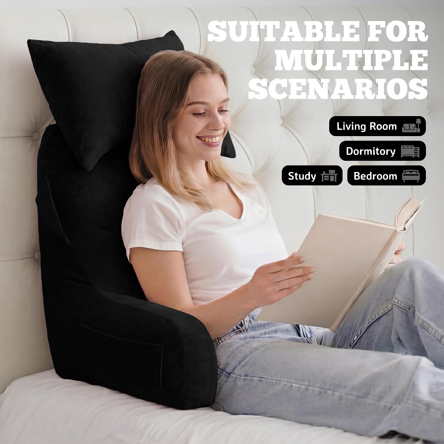 Unisakey Portable Reading Pillows with Headrest for Bed Sitting Up(Brown Oeko-Tex), Velvet Back Pillow with Arms & Pockets for Adults…