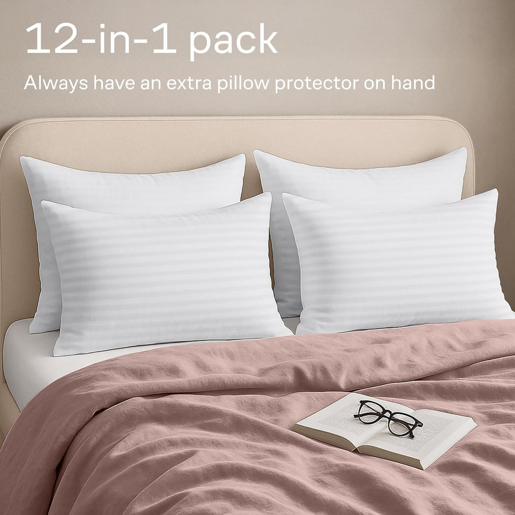 Ultra Soft Pillow Protectors with Zipper Queen Size - Set of 12 Breathable Pillow Covers - 100% Protection Against Stains, Dust & Dirt…