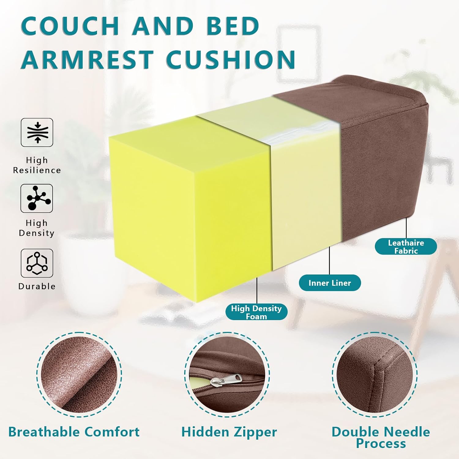MMuteTouch 2 Pack Couch Arm Rest Pillow, 8''x8''x20'' Faux Leather Waterproof Cover, High Density Foam Armrest Cushion, Removable & Washabl…