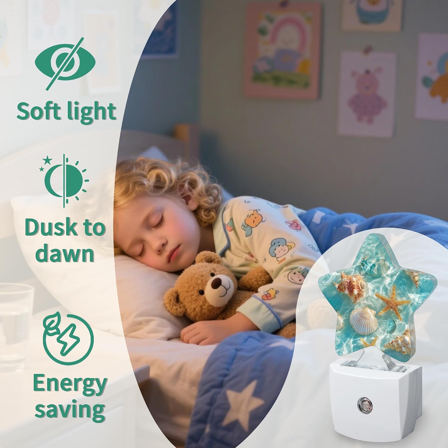 Ocean Beach Starfish Seashells Star Night Light Plug in, Soft Glow Night Light for Kids Bedroom Nursery, Gentle Warm Light for Sleep…