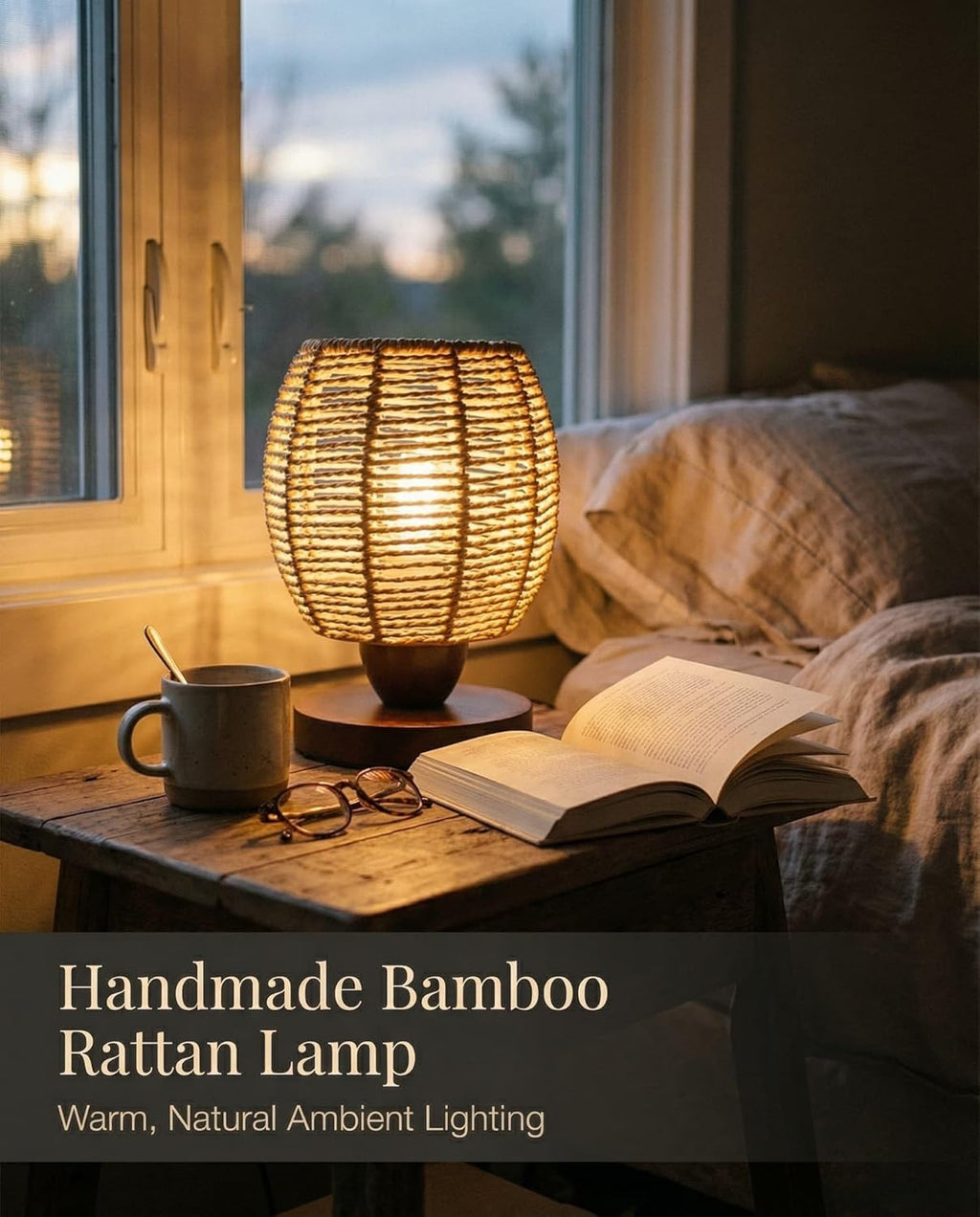 Rattan Table Lamp, Boho Small Beside Lamp, Farmhouse Table Lamp for Room Decor, Vintage Wicker Wooden Nightstand Bamboo Woven End Table…