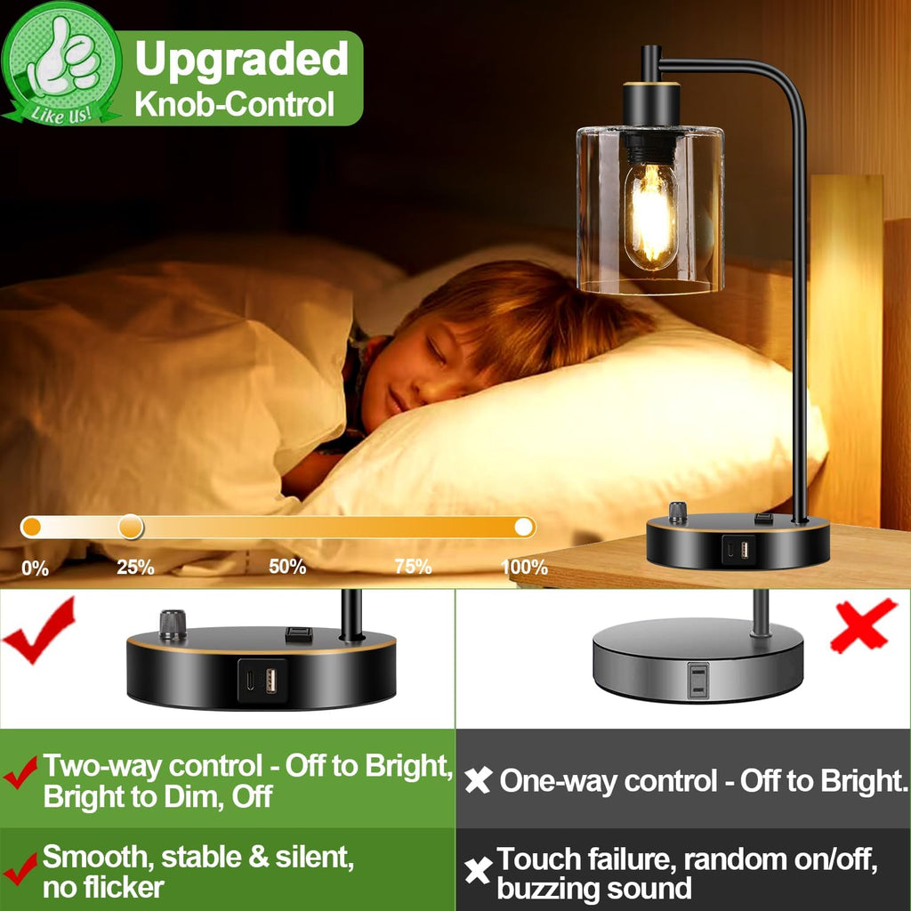 Set of 2 Black and Gold Industrial Table Lamps with USB Port, Fully Stepless Dimmable Bedside Lamps for bedrooms, Nightstand Desk Lamps…