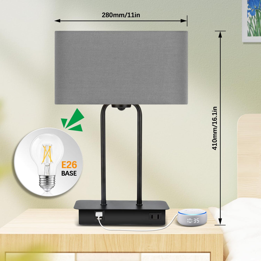 16.1'' 3-Way Dimmable Touch Control Table Lamp with USB Ports and AC Power Outlet Modern Bedside Nightstand Lamp Fabric Shade and Metal…