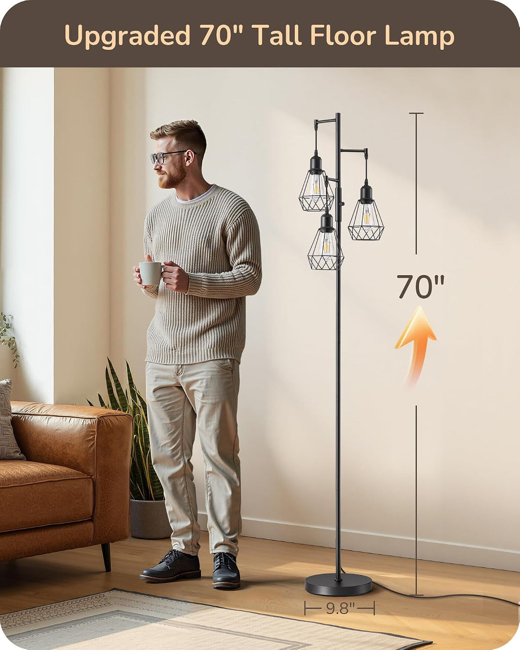 Edishine 70IN Farmhouse Floor Lamps for Living Room, Dimmable Industrial Tall Standing Lamps 3 LED Edison Bulbs Included, Diamond-Shaped Ca…