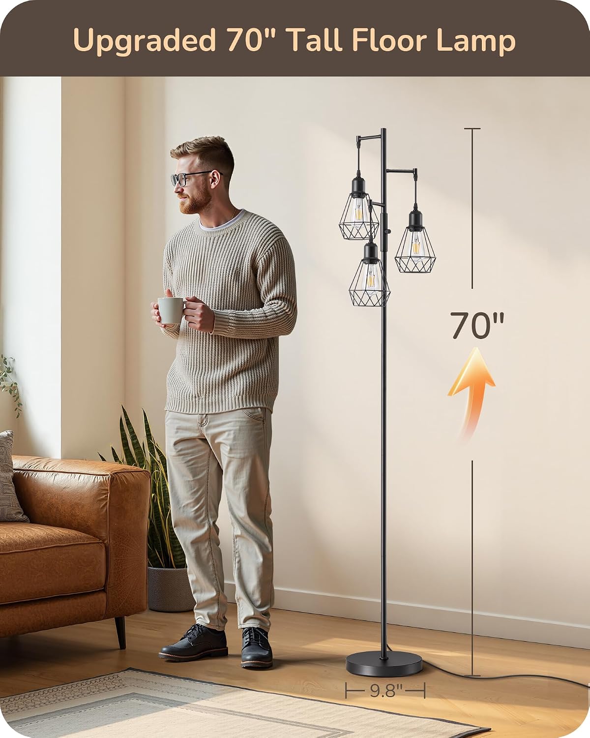 Edishine 70IN Farmhouse Floor Lamps for Living Room, Dimmable Industrial Tall Standing Lamps 3 LED Edison Bulbs Included, Diamond-Shaped Ca…