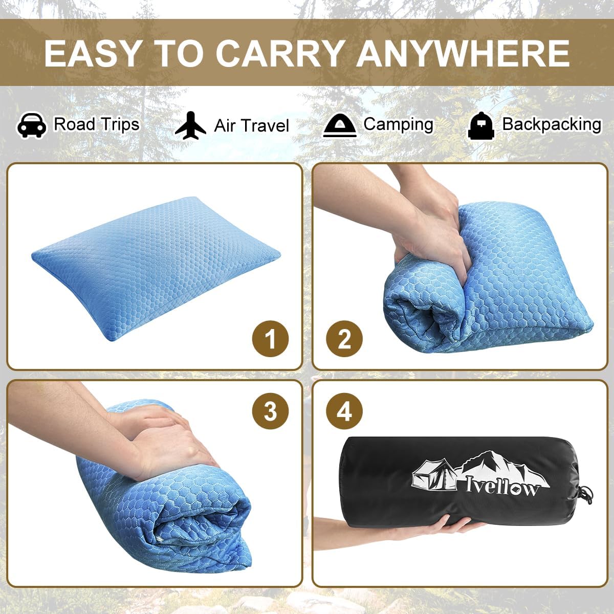 Ivellow Travel Pillow Camping Pillow for Sleeping Cooling Shredded Memory Foam Pillow Compressible Compact Medium Firm, Breathable, Ideal for…