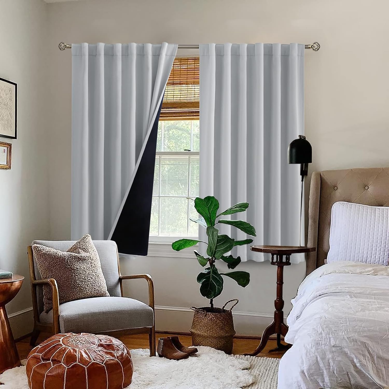 BGment Light Grey Short 100% Blackout Curtains 45 Inch Length with Black Liner, Rod Pocket and Back Tab Double Layer Full Room Darkening…
