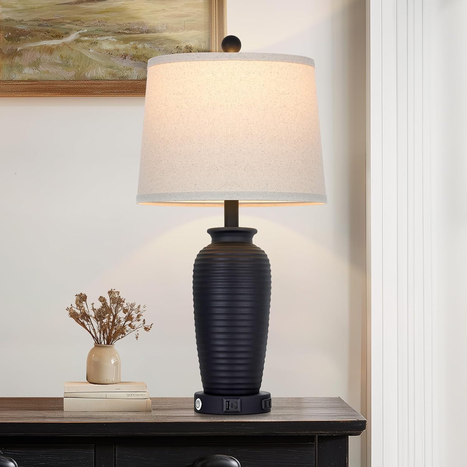 CINSARY 25" Retro Black Farmhouse Jar Table Lamps, 3 Way Touch Control Rustic Bedside Lamps with USB A+C Ports & AC Outlet, Pot…