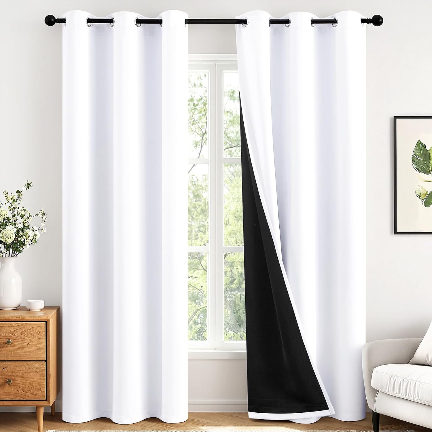 Miulee White 100% Blackout Curtains for Bedroom 84 Inch Long, 2 Thick Layers Thermal Insulated Black Out Window Curtains with Black Liner,…