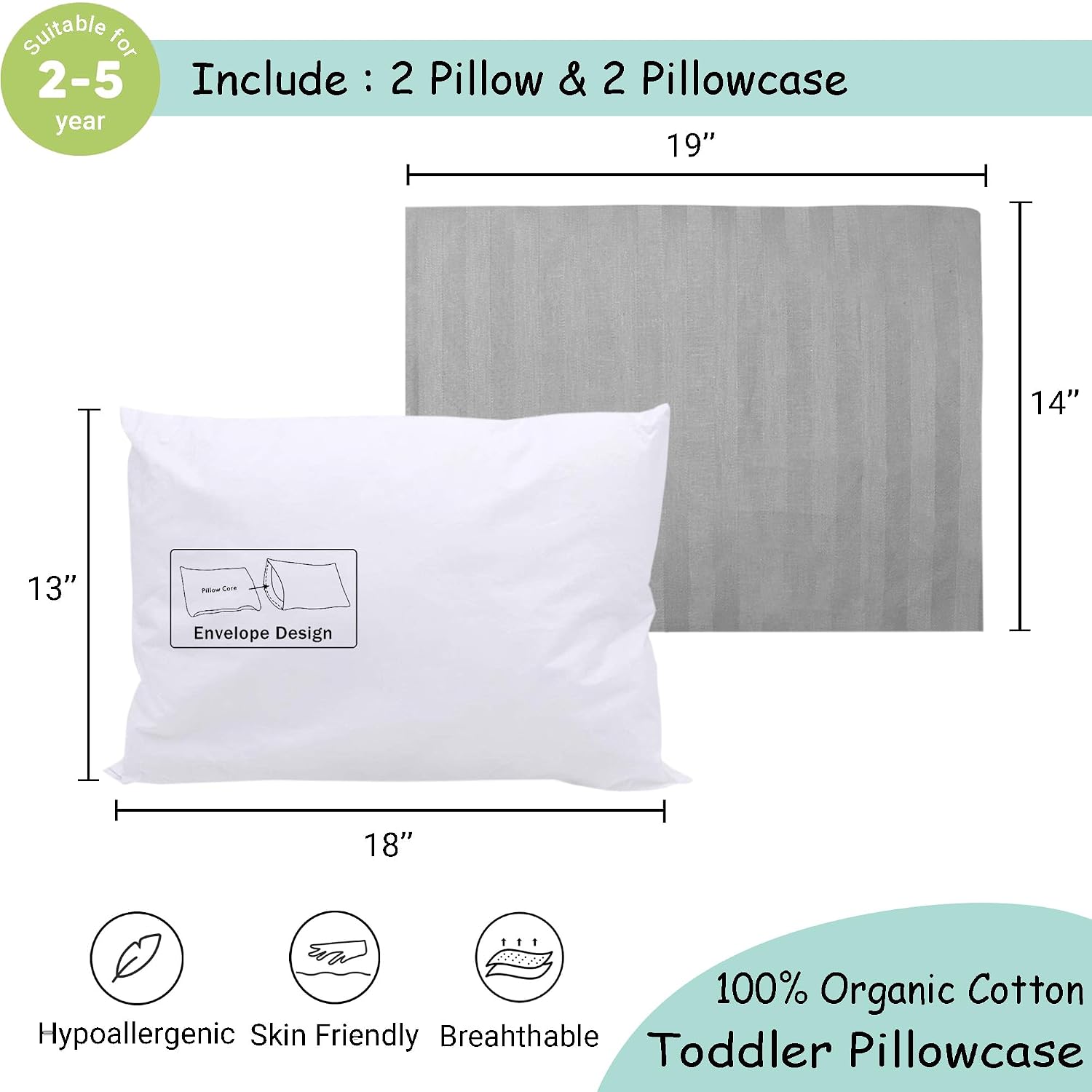 ZPECC-ABrandThatHasBeenFocusedOnBeddingFor20Years ZPECC Toddler Pillow with Pillowcase 2 Pack - 13x18 Organic Cotton Hypoallergenic Kids Pi…
