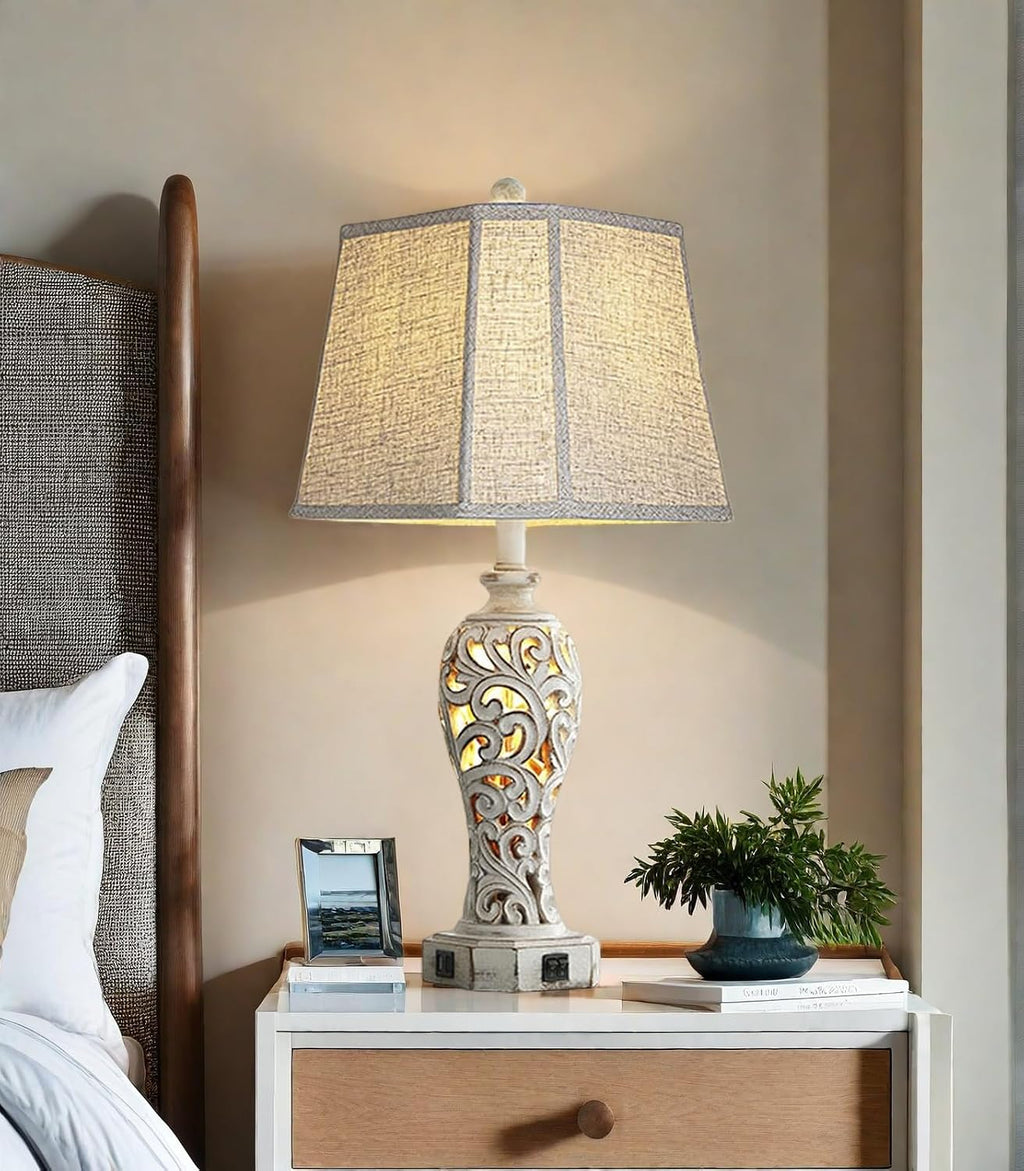25'' Farmhouse Table Lamp for Living Room Bedroom, 2 USB Ports Vintage Rustic Nightstand Desk Lamp with Nightlight, White Hollow Out…