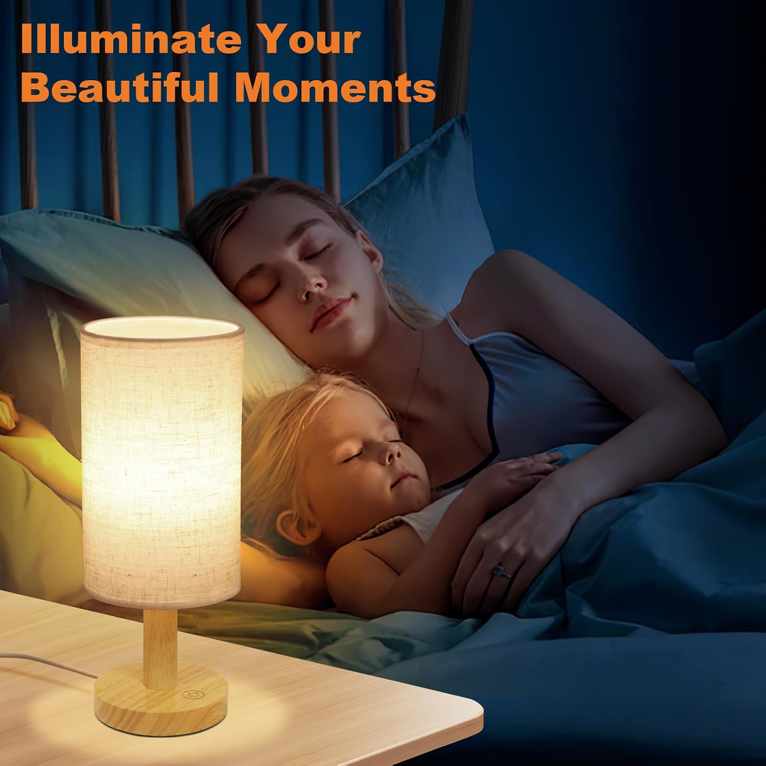 Small Touch Table Lamp with Stepless Dimming&USB Plug, Natural Round Wood Base&Linen Fabric Shade |Soft Ambient Warm Night…