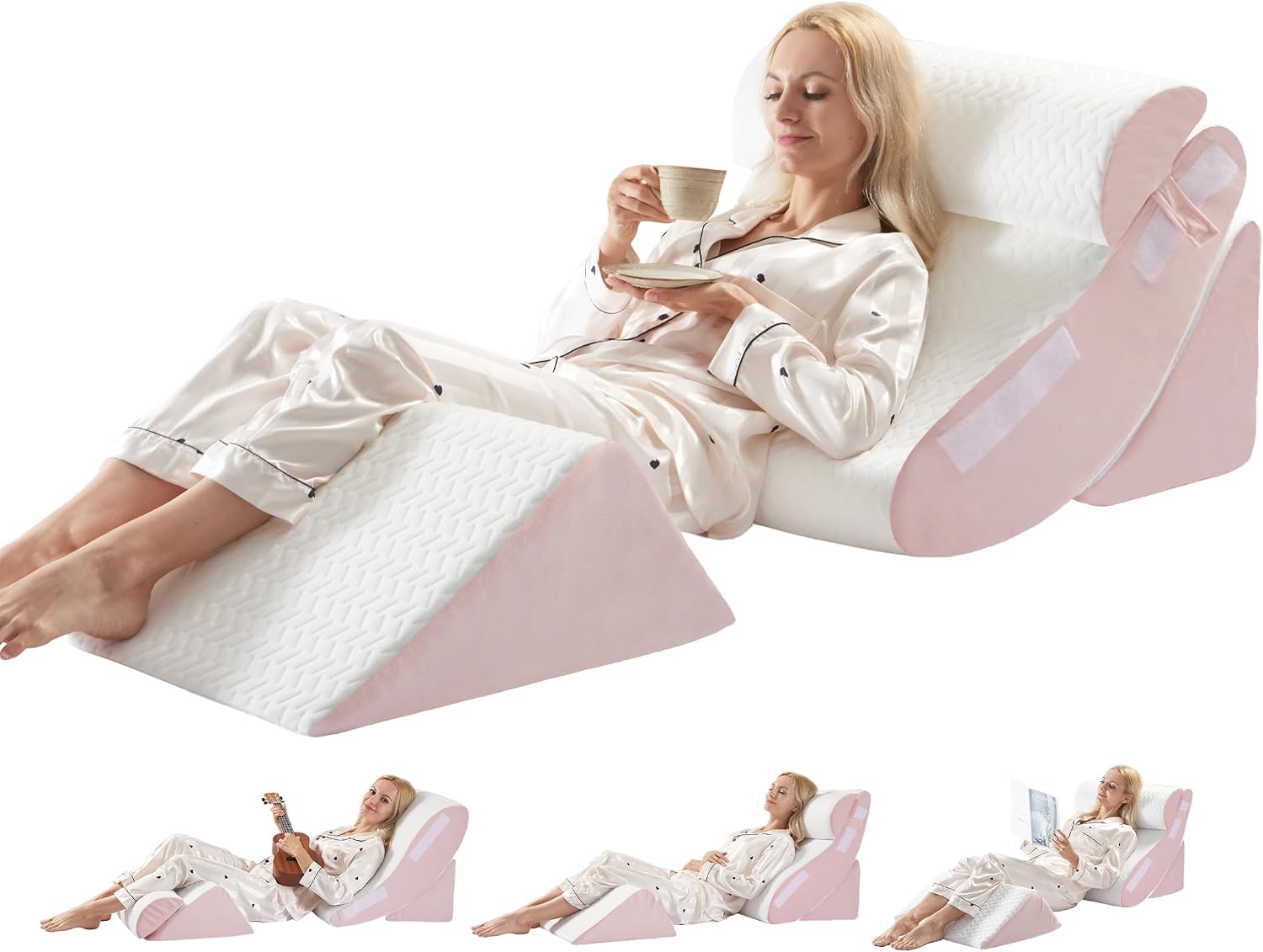 Wsofrlac 4PC Geriatric Wedge Pillow System - Elderly Bed Wedges for Sitting/Sleeping, Post Surgery Body Positioner with Non-Slip Base (Idea…