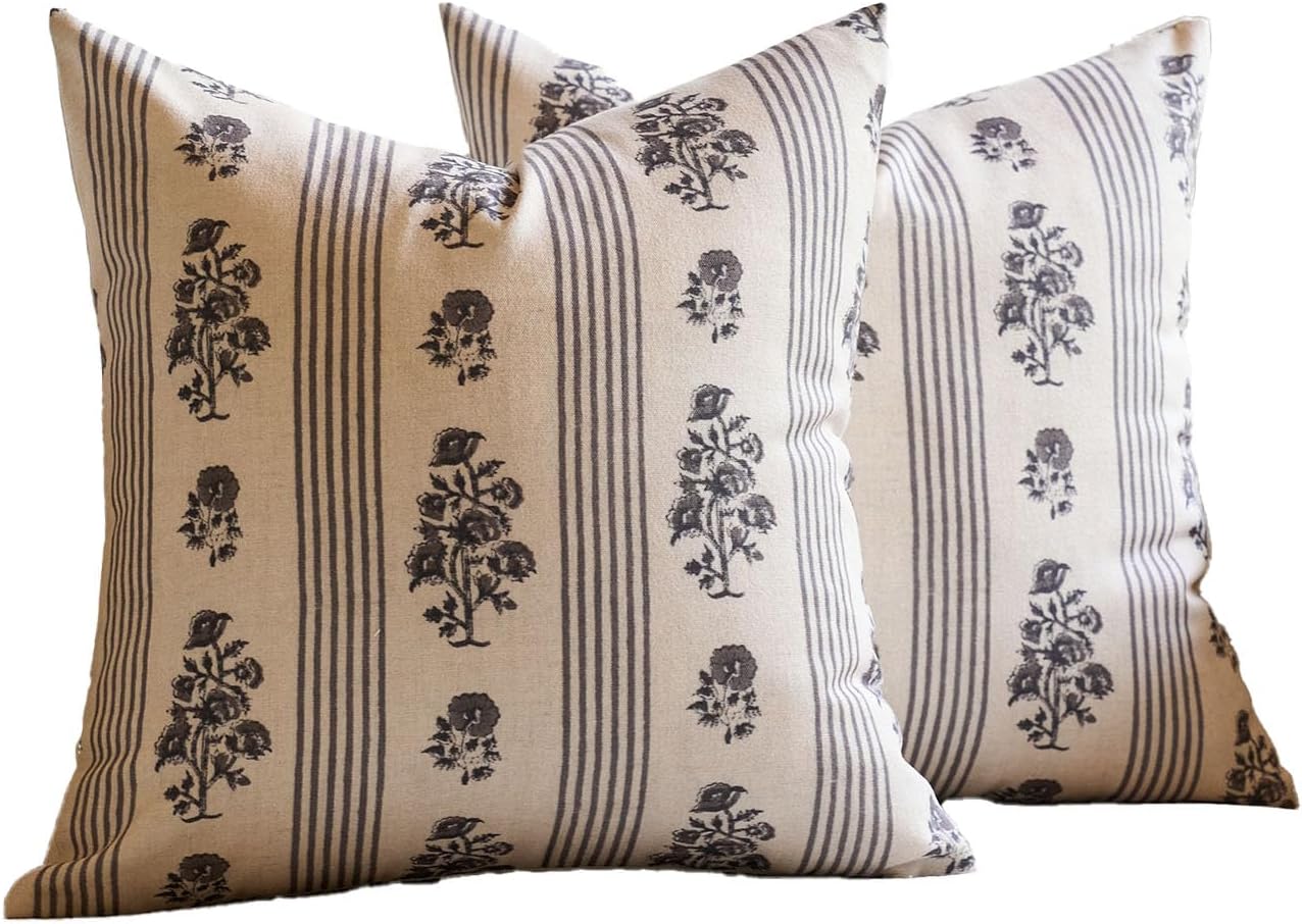 AffordableFloralPrintMaker Amor Virisso Floral Throw Pillow Covers 18x18 Set of 2 Block Print Pillow Covers Neutral Floral Striped Farmhous…