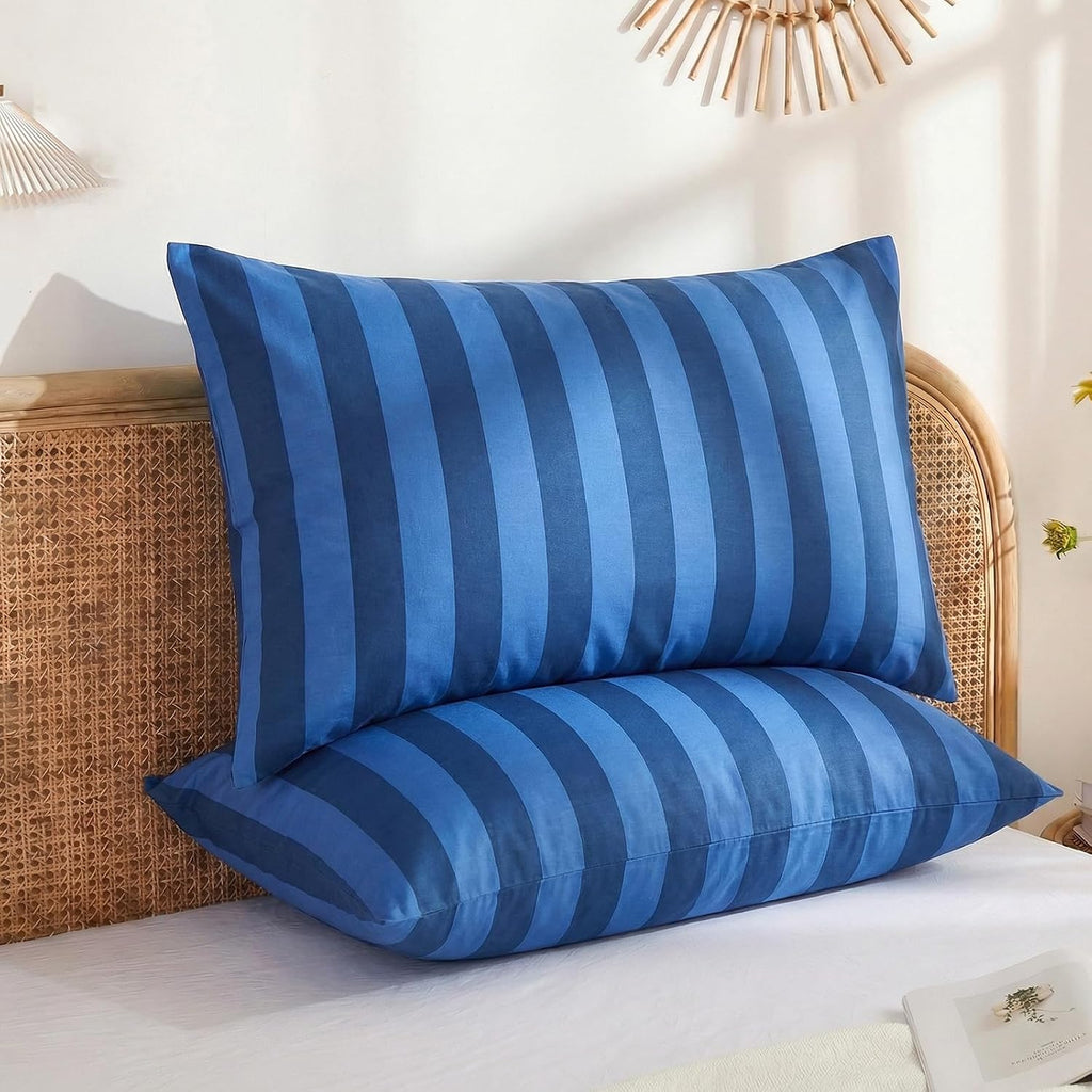 Merryword Standard Size Pillowcases, 100% Cotton Pillow Cases, Blue and Navy Striped Pillowcases, Soft Breathable Wide Stripes Pillow Cover…