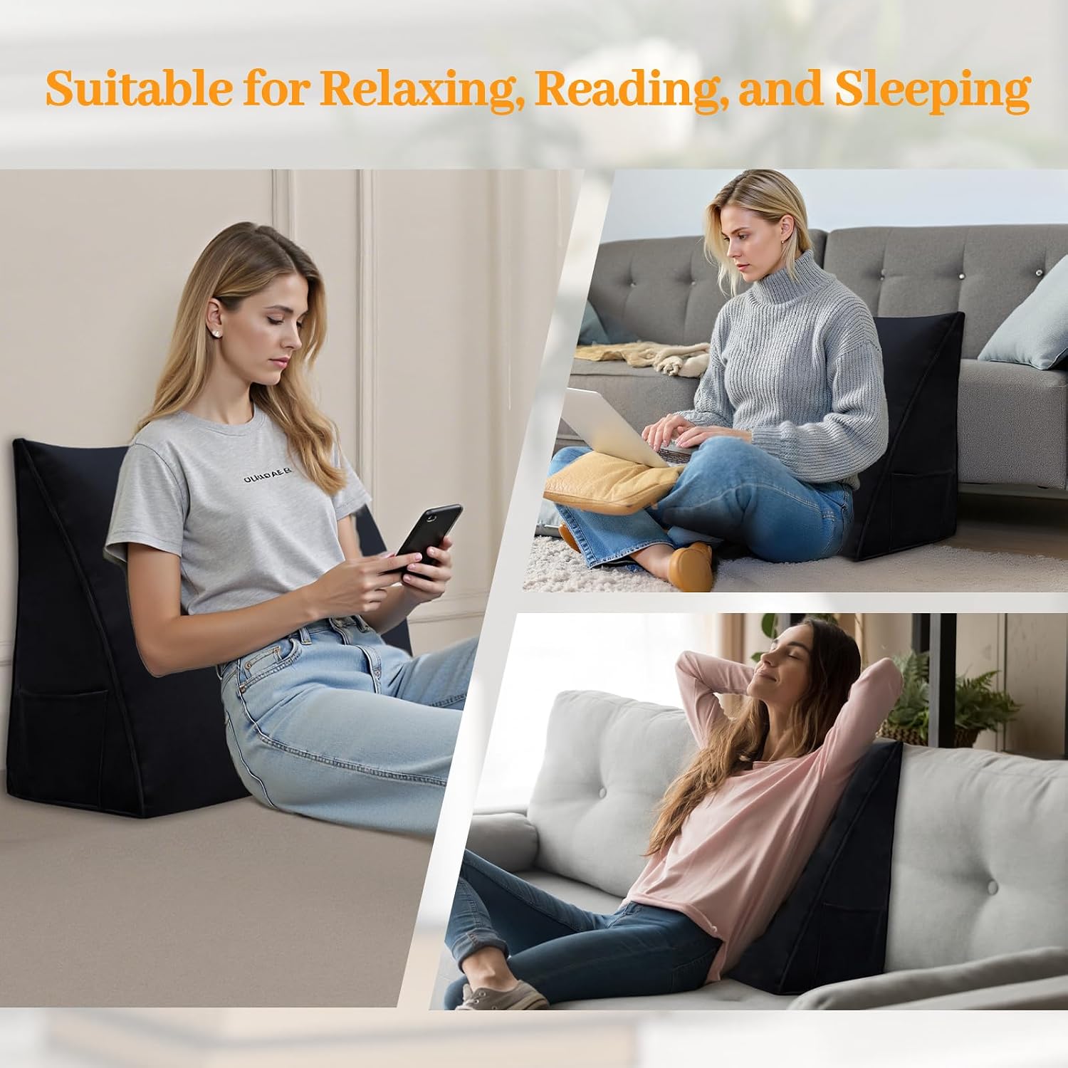 Wedge Headboard Pillow Reading Backrest Pillow for Sitting in Bed Sofa Dorm with Removable Cover Side Pockets Dutch Velvet Fabric Black