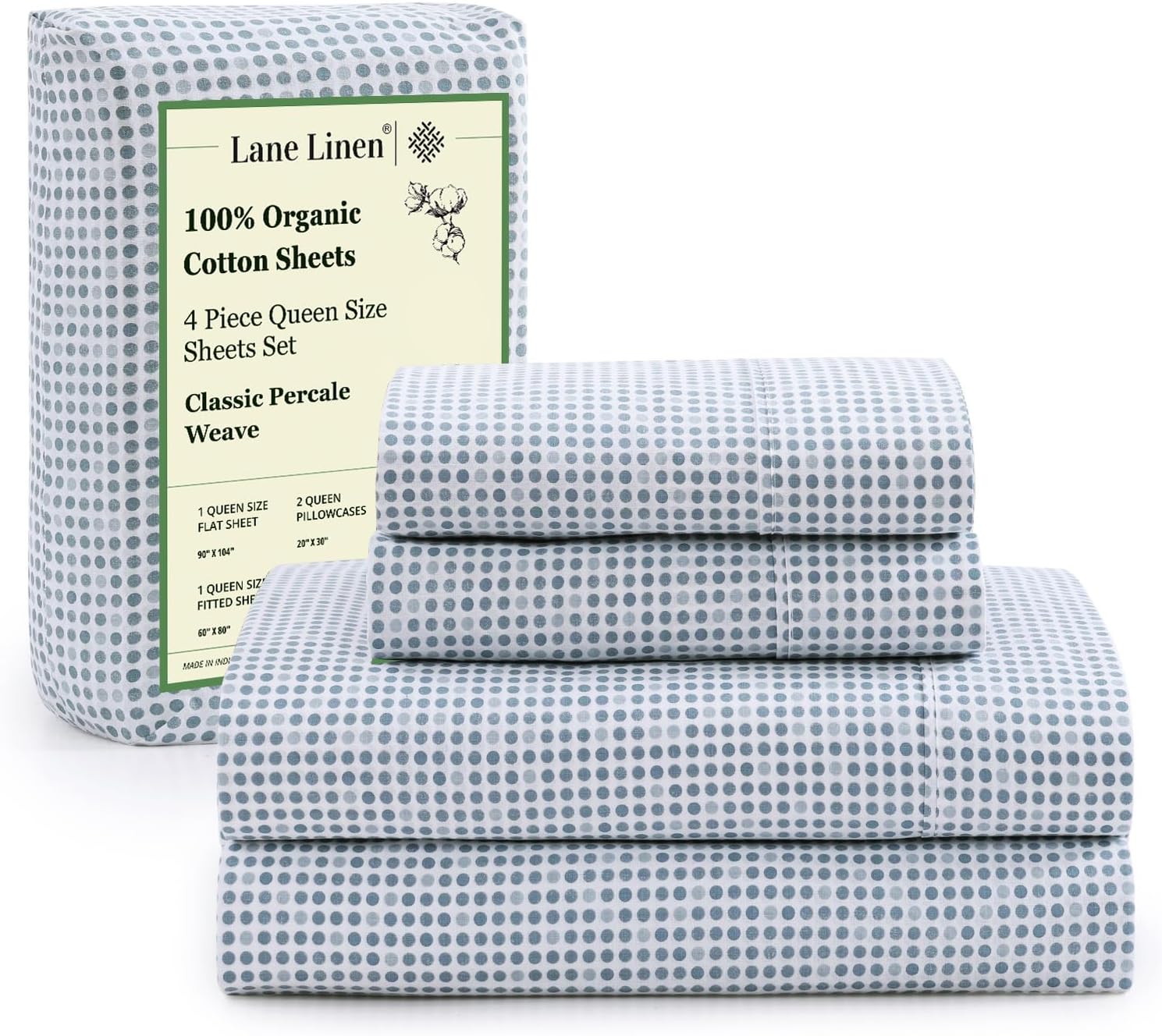 LaneLinen LANE LINEN reusable 100% Organic Cotton Queen Bed Sheets Set, Printed Modern Polka Dot Cotton Sheets, Soft & Comfy Low Pill F…