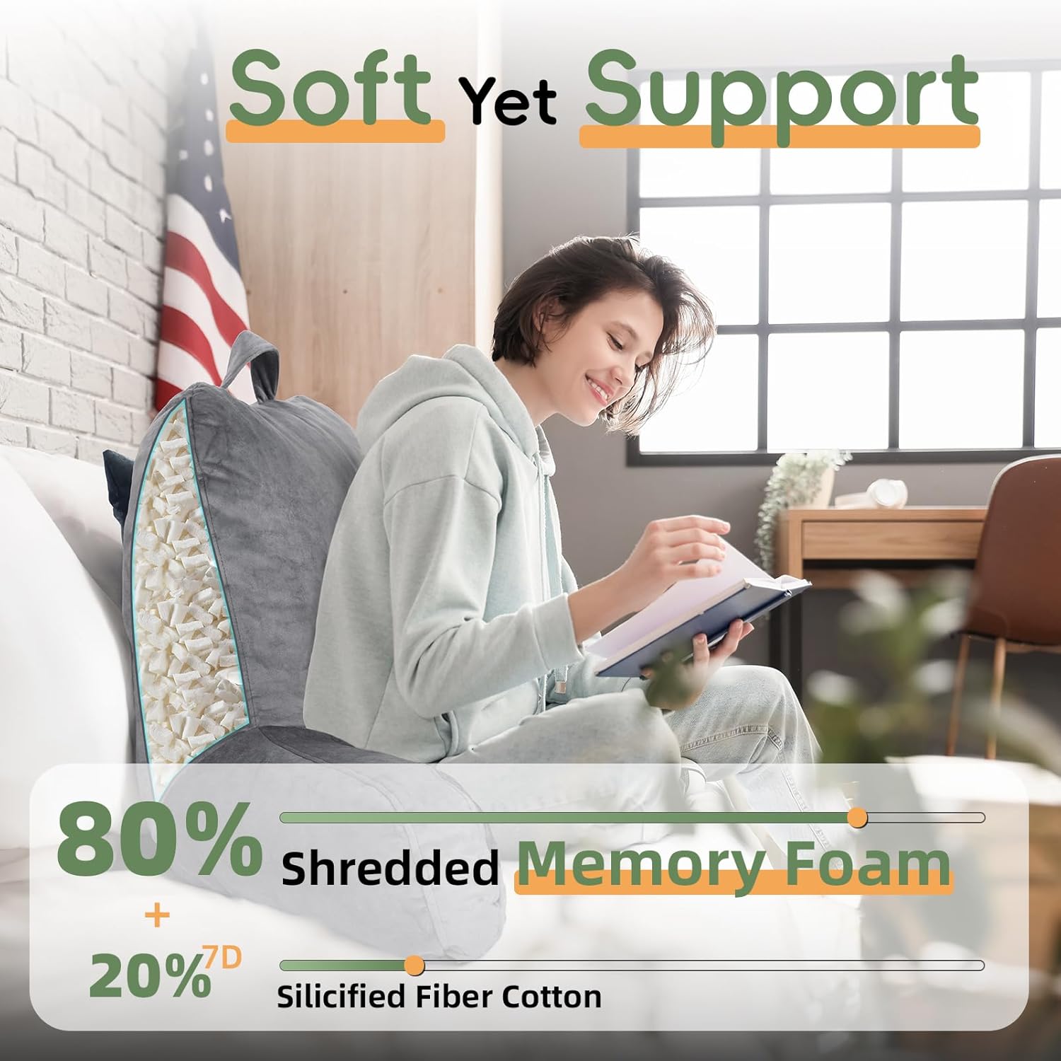 Rokdukbedding ROKDUK Back Support Pillow for Bed Sitting Up, Shredded Memory Foam Backrest Pillows with Arms Arm Rest Pillow for Reading in…