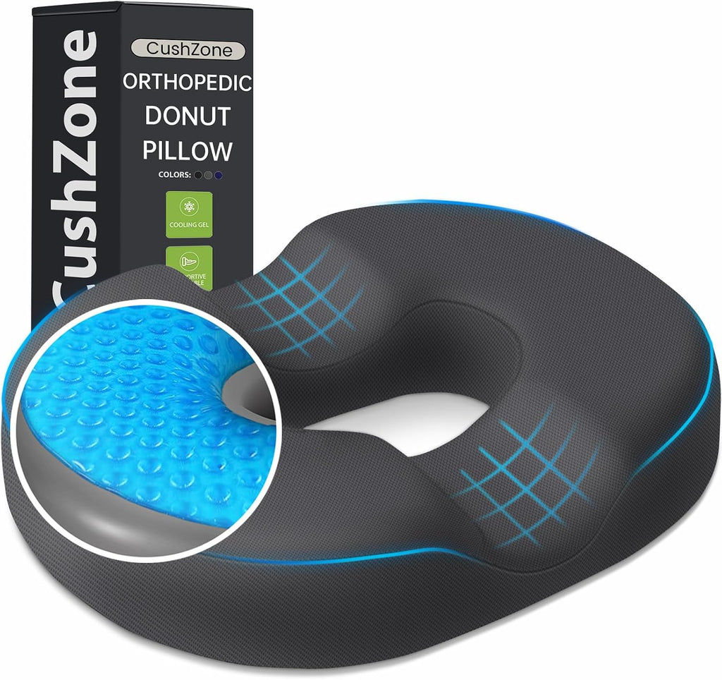 CushZone Donut Pillow Seat Cushion - Cooling Gel Donut Chair Cushions, Memory Foam Seat Cushion for Office & Home, Car Seat Cushion and But…