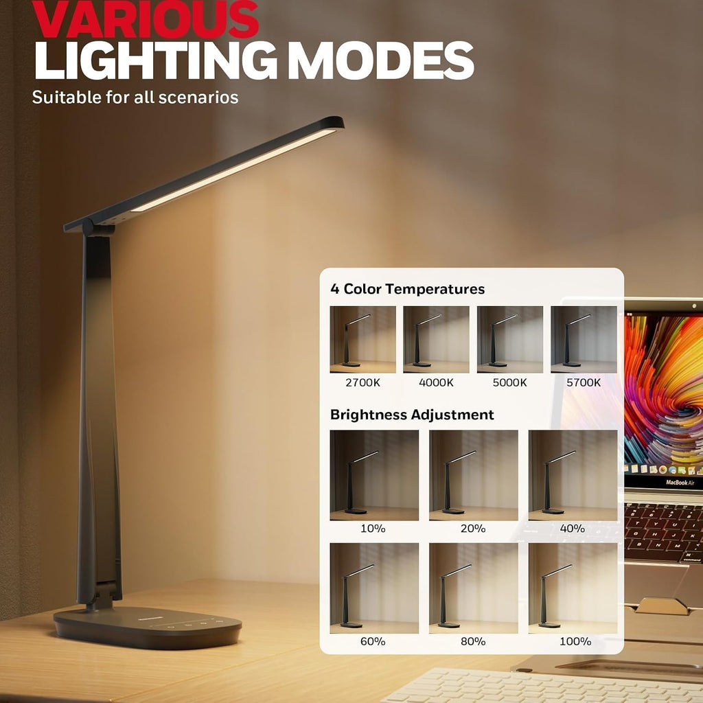 Honeywell HWT-H2 LED Desk Lamp, CRI94 Full Spectrum Eye-Caring Table Light, Foldable Dimmable 4 Color Modes with USB A+C Charging Ports…