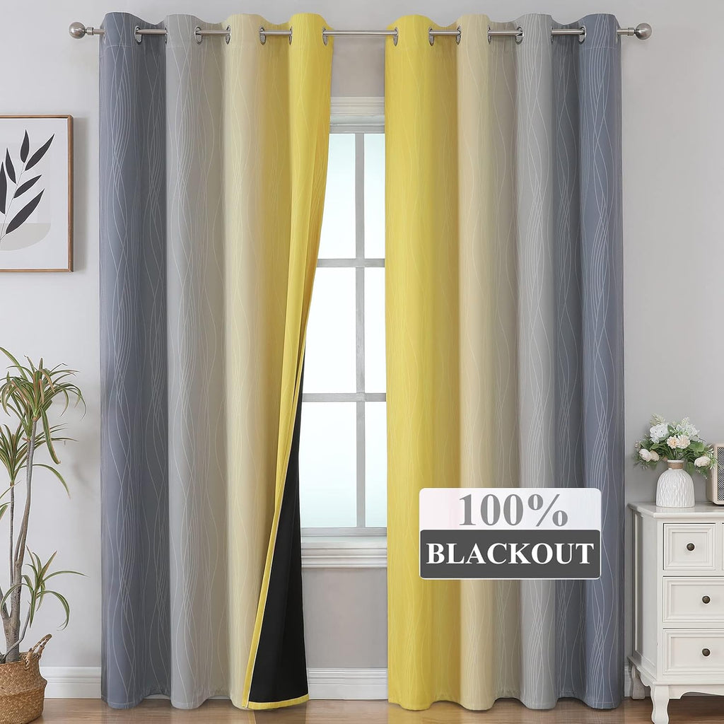 Estelartextiler Estelar Textiler Yellow and Grey Blackout Curtains 108 Inches Long, Thermal Insulated Drapes for Bedroom, Full Light Blocki…