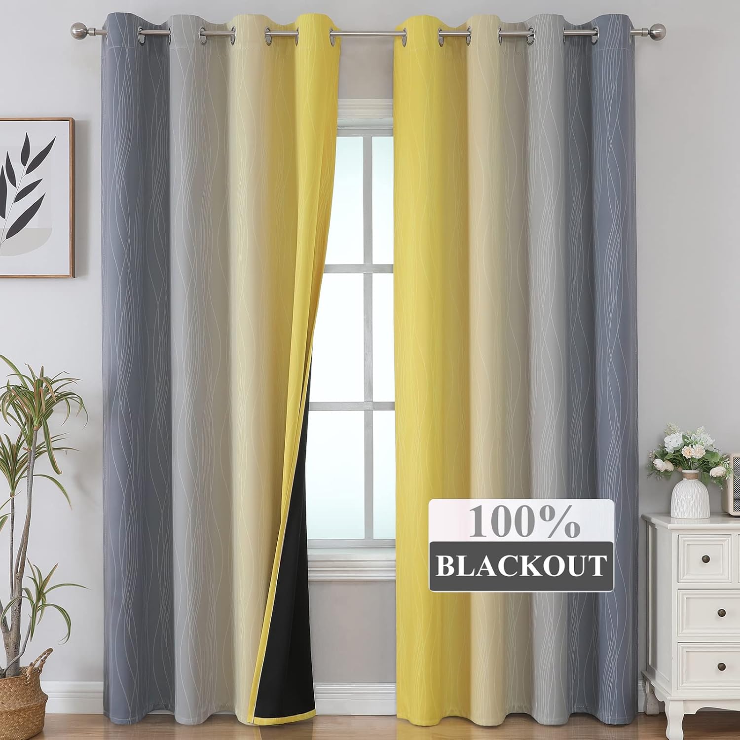 Estelartextiler Estelar Textiler Yellow and Grey Blackout Curtains 108 Inches Long, Thermal Insulated Drapes for Bedroom, Full Light Blocki…