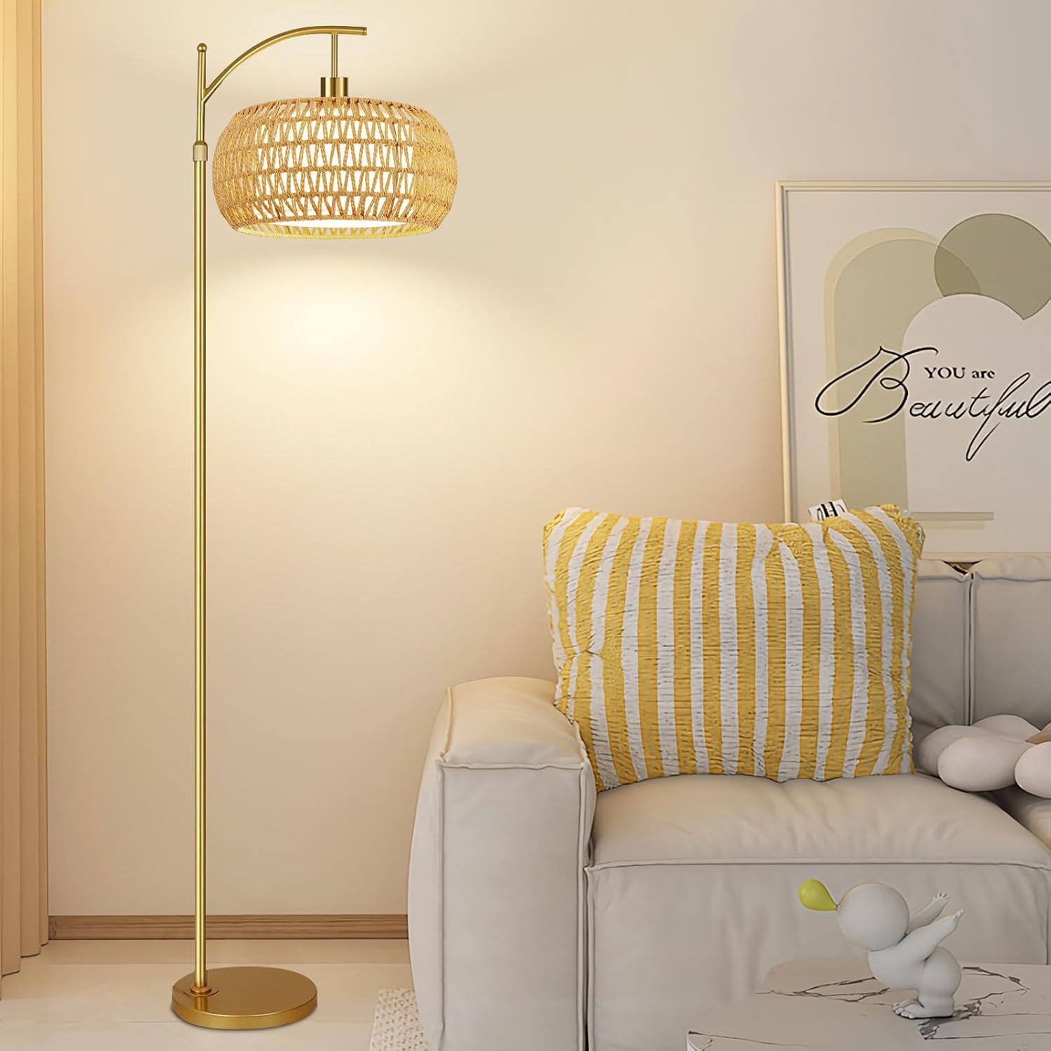 ZECOXOL Gold Floor Lamps for Living Room Rattan Boho Floor Lamp with Remote Control & 3 Color Temperature, Dimmable Arc Floor Lamps Brass…