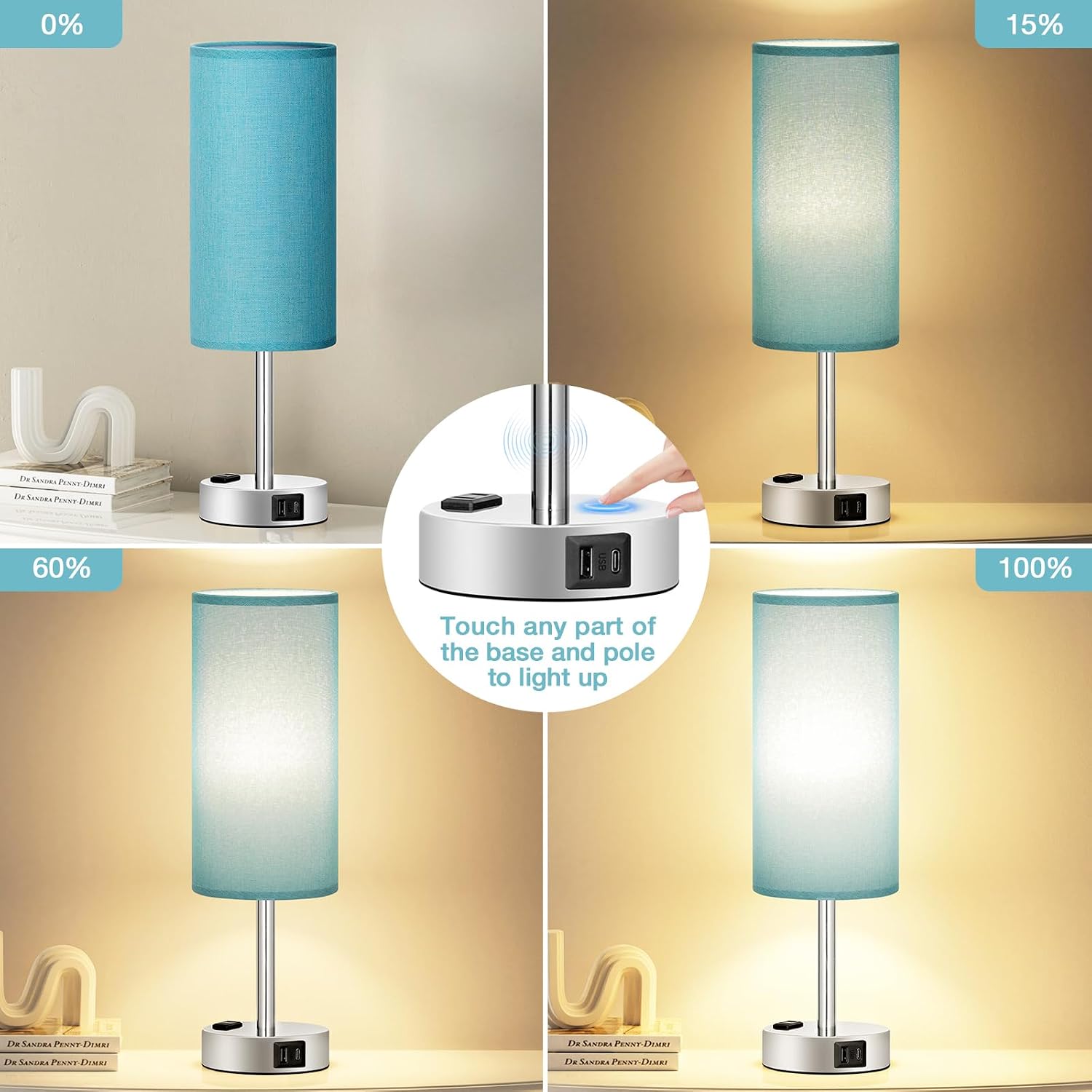 Fenmzee Turquoise Nightstand Table Lamp for Bedroom - 3 Way Dimmable Touch Lamp USB A and C Charging Ports and AC Outlet, Small Lamp for…