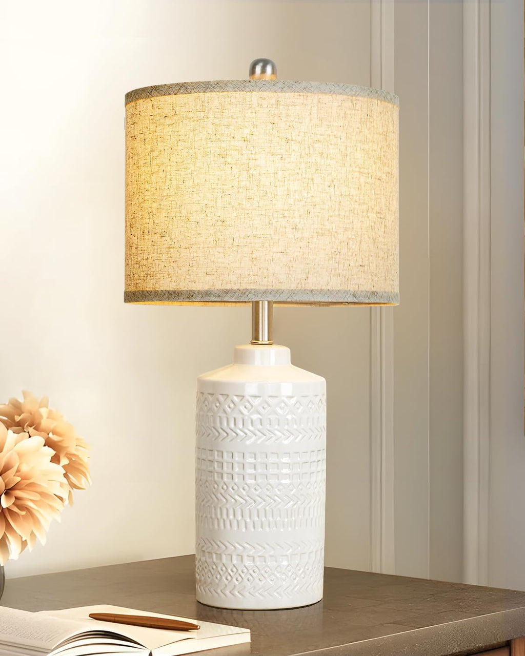 JUNNAI White Ceramic Table Lamp with Beige Shade: 3-Way Dimmable Night Stand Light Lamp 24.5" Modern Table Lamps for Living Room Bedroom…
